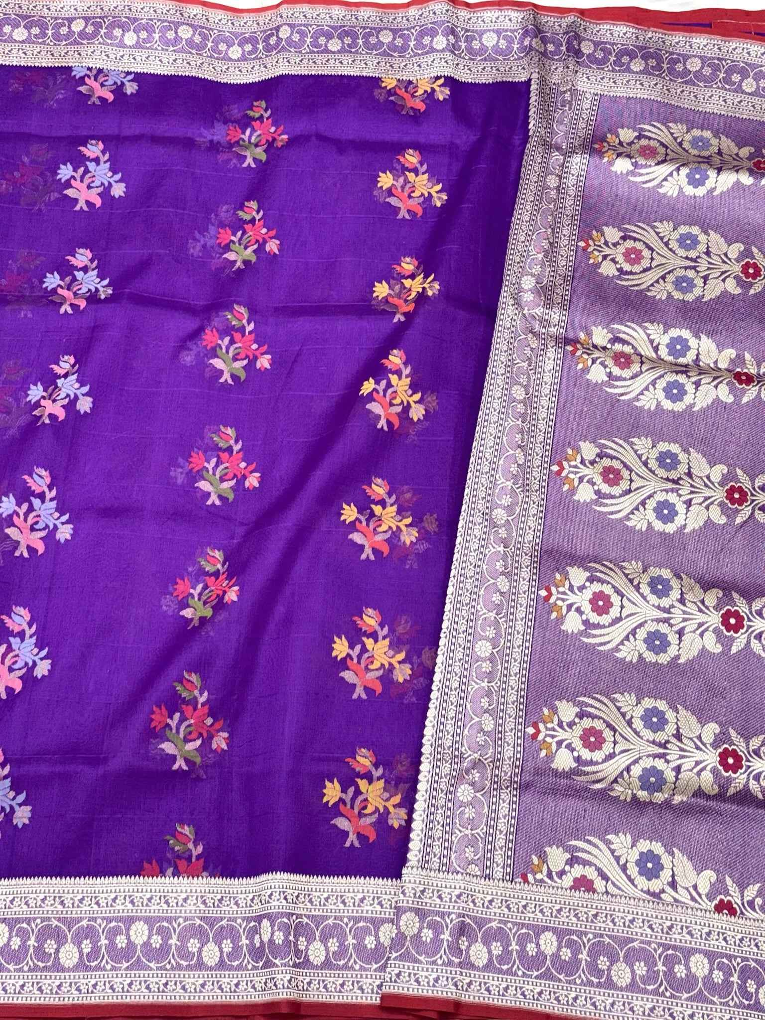 Purple Pure Kora Mulberry Silk handwoven Banarasi saree - Ektara Jamdani Weave