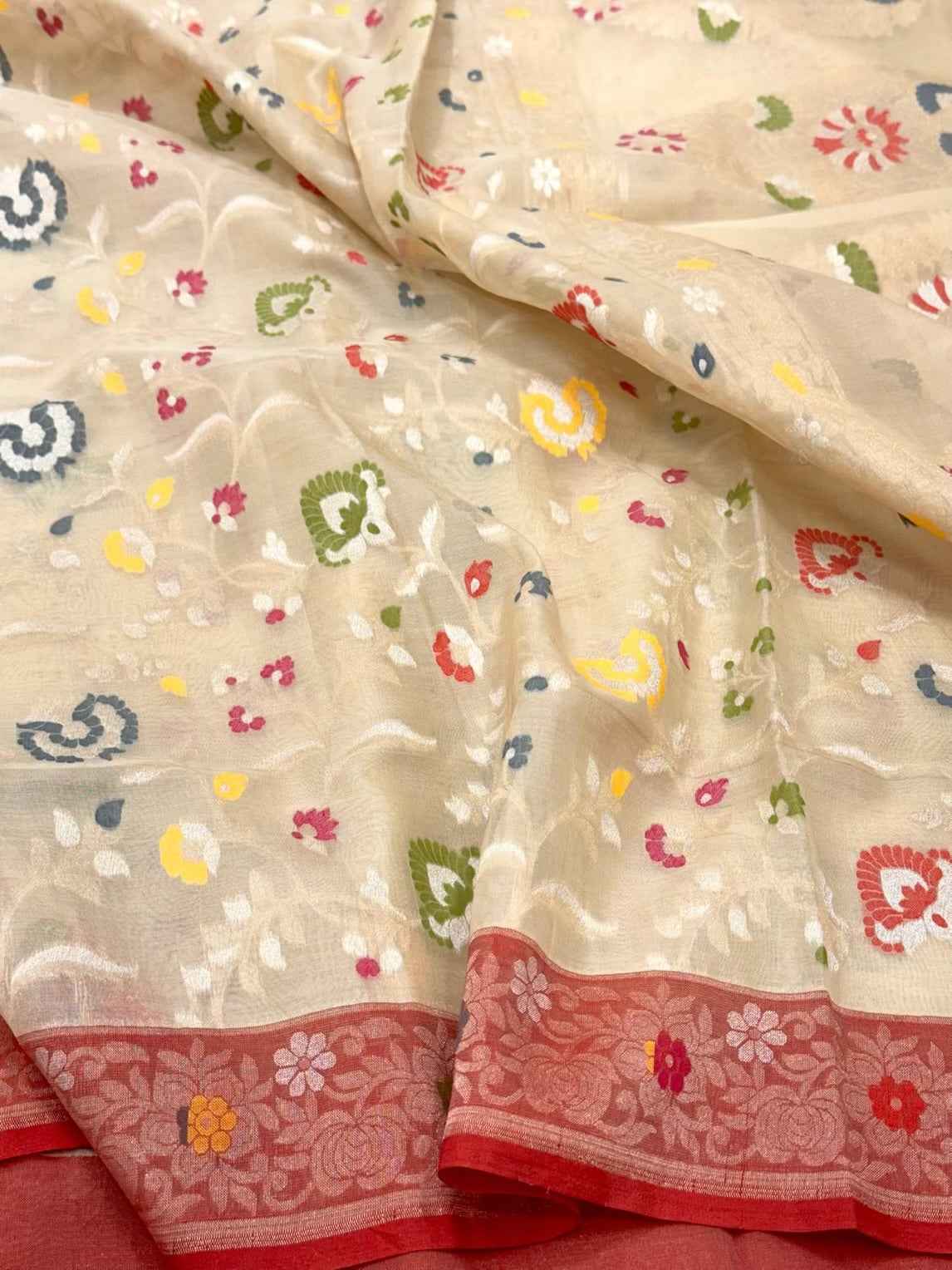 Ivory Pure Kora Silk Handwoven Banarasi Saree | Soft Drape Lightweight Banarasi Ektara Saree