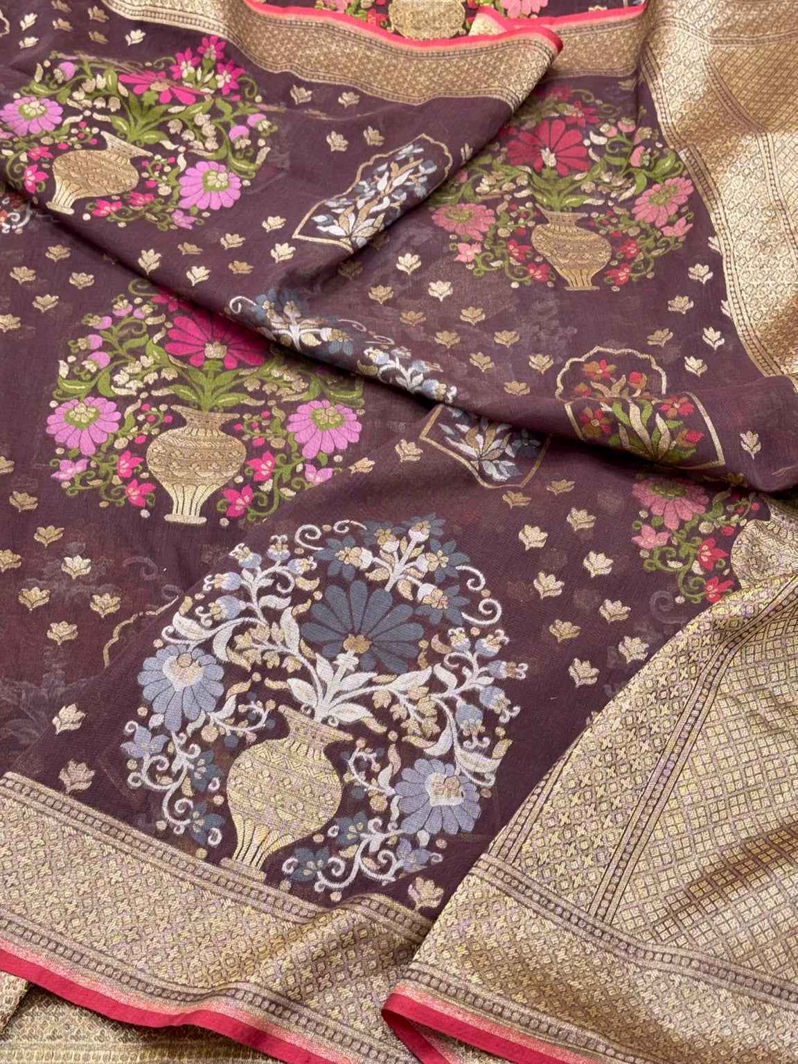 Wine Pure Muslin Cotton Handloom Banarasi Saree