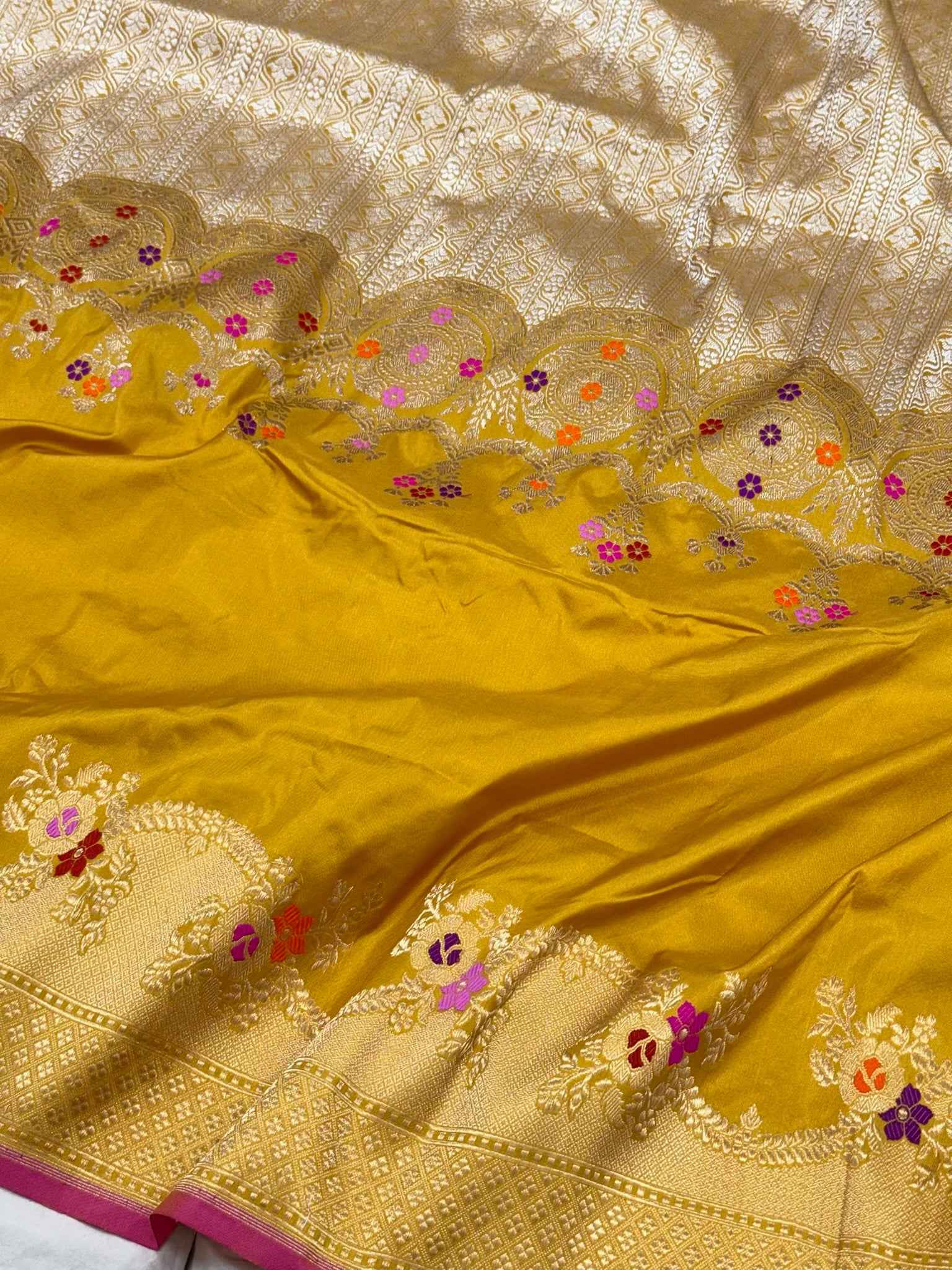 Mustard Yellow Pure Mulberry Katan Silk Handwoven Banarasi Saree - Authentic Kadhwa Technique Banarasi BrocadeSaree