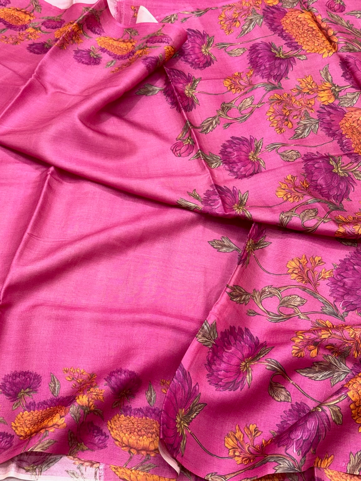 Fluorescent Pink Pure Tussar Silk Handloom Printed Banarasi Saree - Soft Lightweight Banarasi Saree