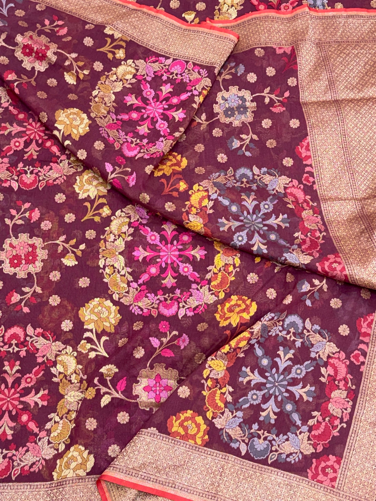 Wine Pure Muslin Cotton Jamdani Ektara Weave Handloom Banarasi Saree