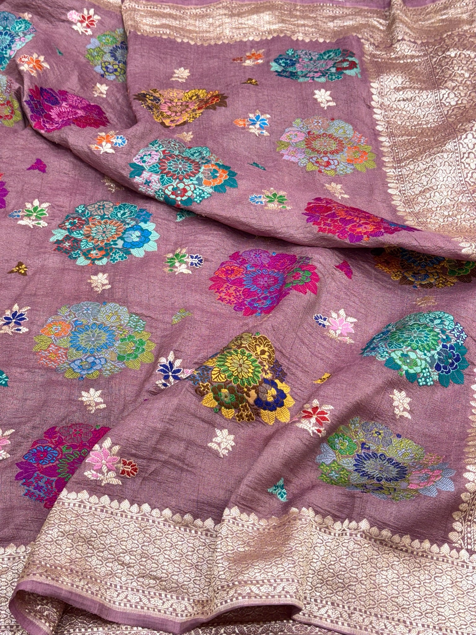 Mauve Pure Tussar Georgette Silk Handwoven Banarasi Saree