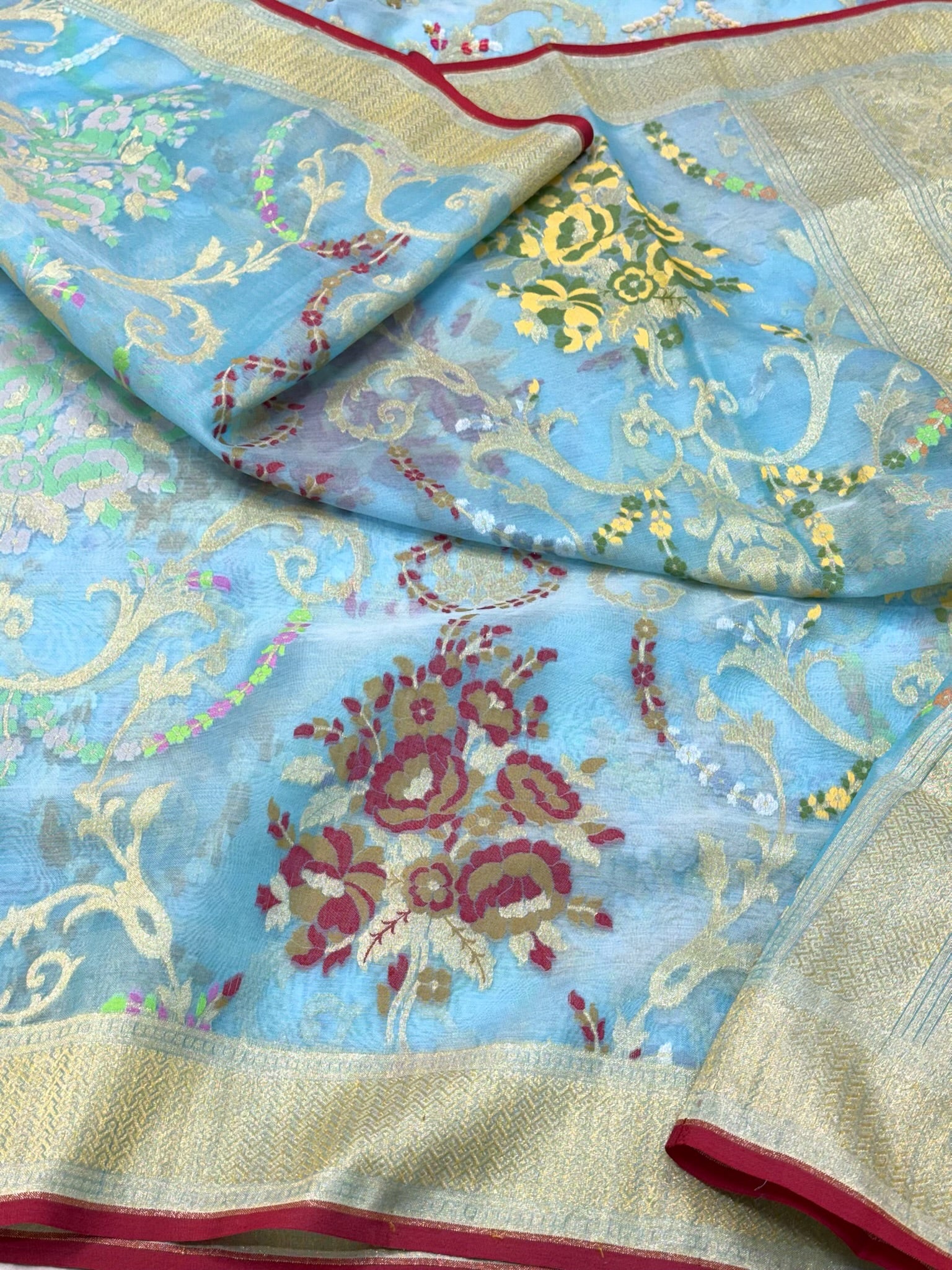 Sky Blue Pure Mulberry Kora Jamdani Handloom Modern Banarasi Lightweight Saree - Ektara Weave