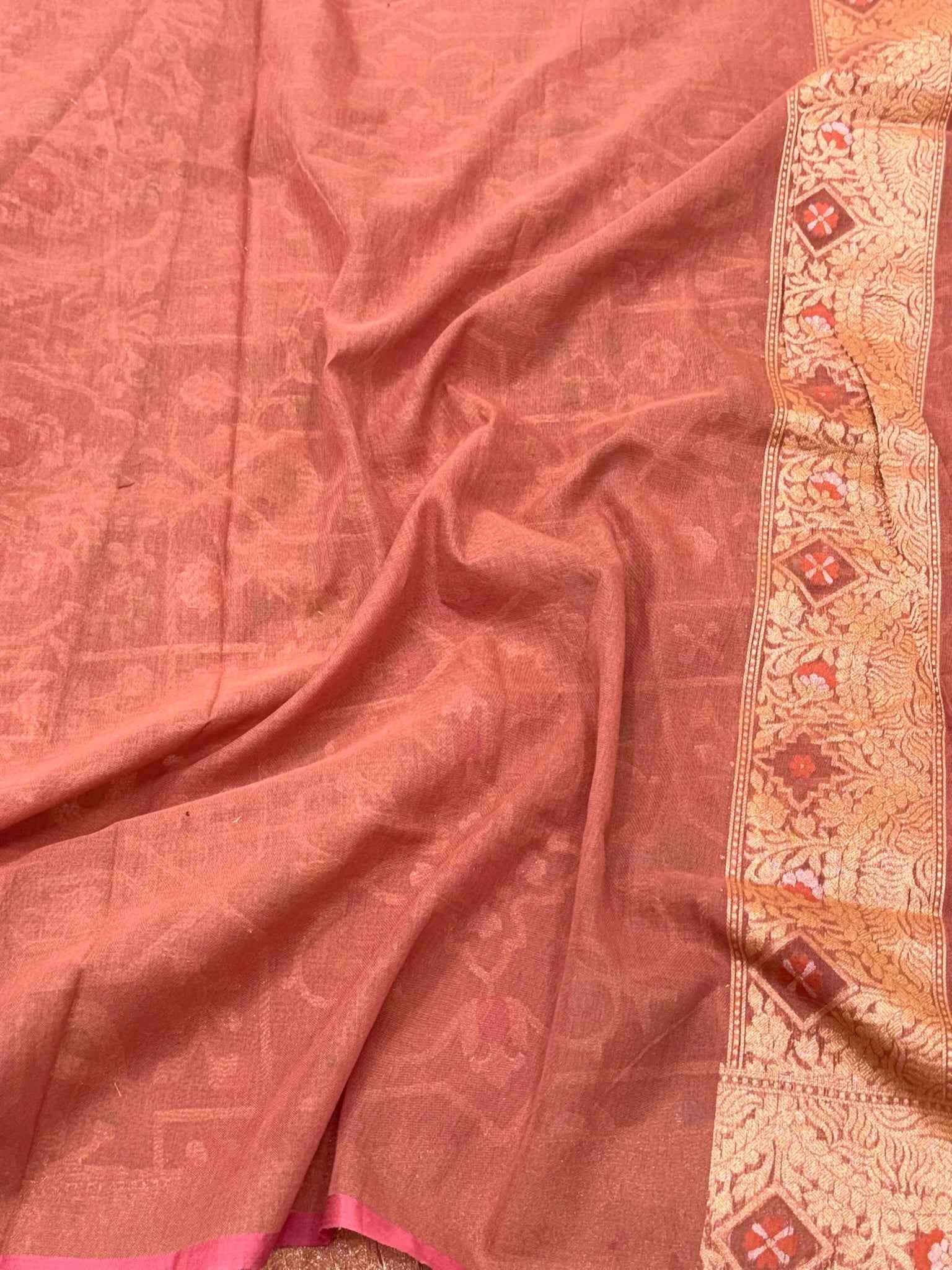 Dusty Peach Pure Muslin Cotton Saree |Ektara Jamdani Handloom Banarasi Saree