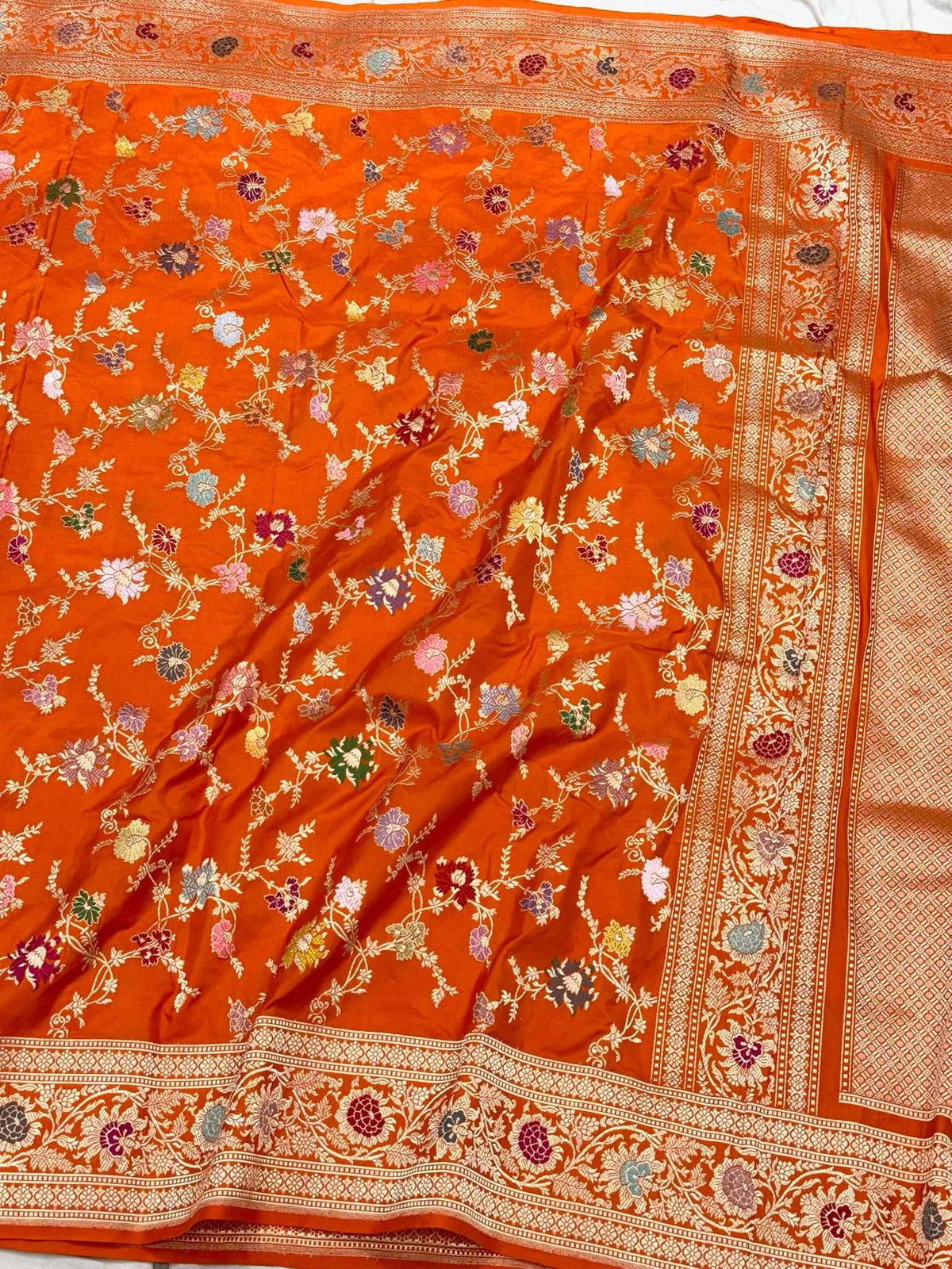 Orange Handwoven Luxury Banarasi Saree - Pure Mulberry Double Katan Silk Banarasi Saree | Kadhwa Weave | The Luxe Drape