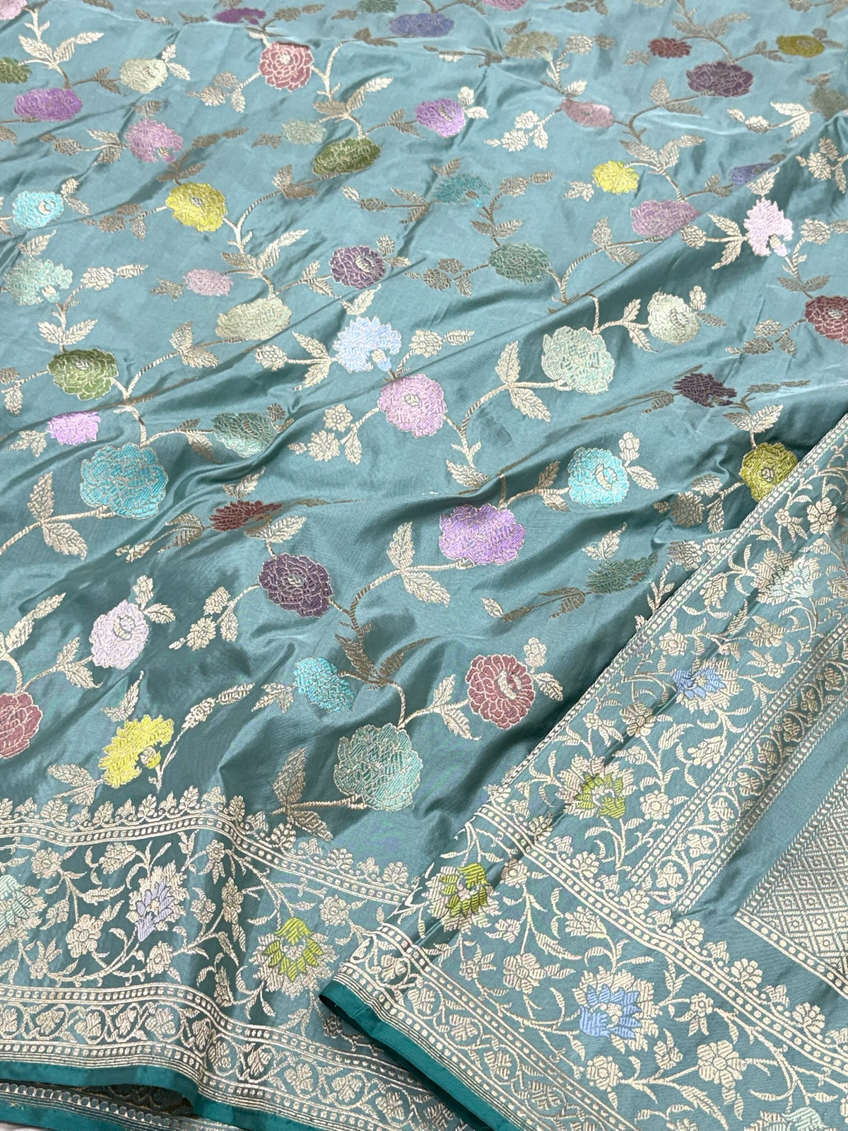 Dusty Blue Pure Double Katan Silk & Mulberry Silk | Kadhwa Weave | Handwoven Authentic Banarasi Saree