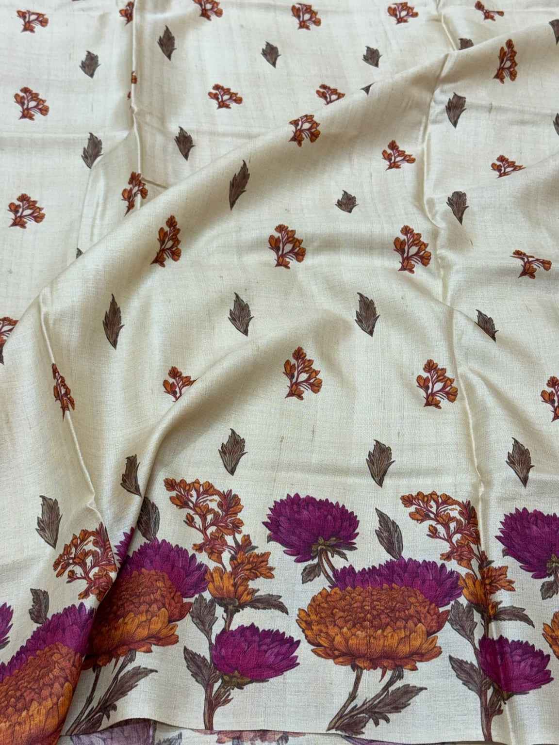 Ivory Pure Tussar Silk Handloom Printed Banarasi Saree - Soft Lightweight Banarasi Saree
