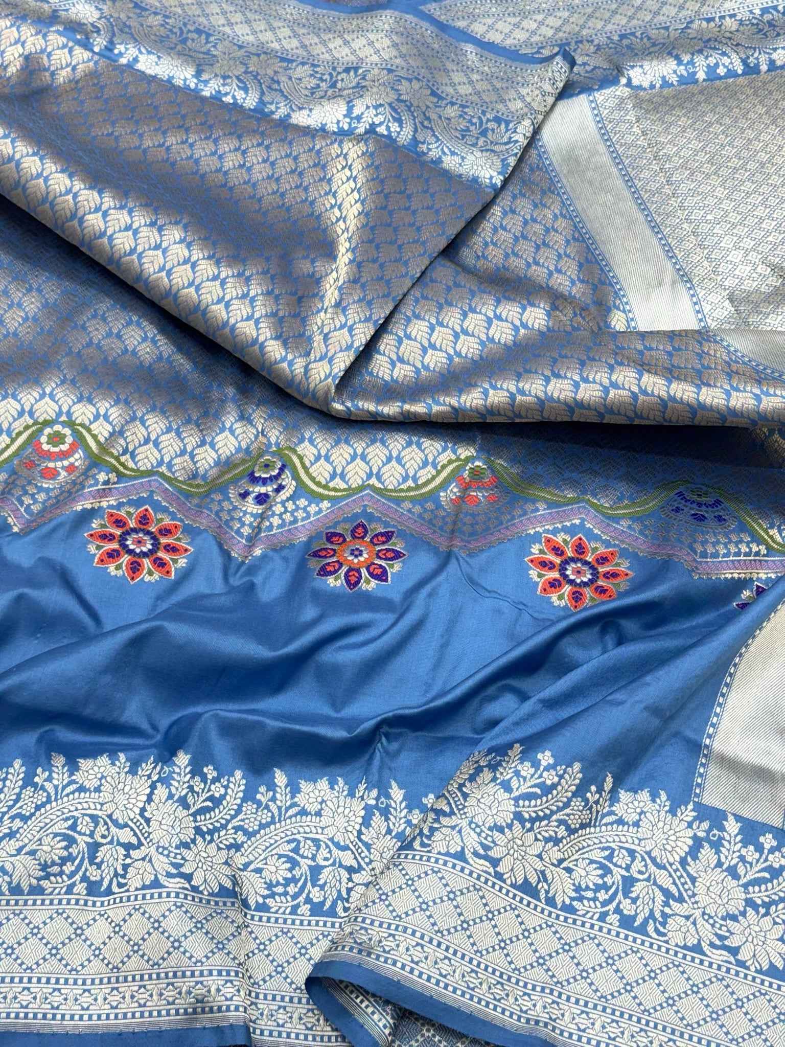 German Blue Exclusive Banarasi Contemporary Saree | Pure Katan Mulberry Silk - Kadhwa Technique Handwoven Banarasi Saree