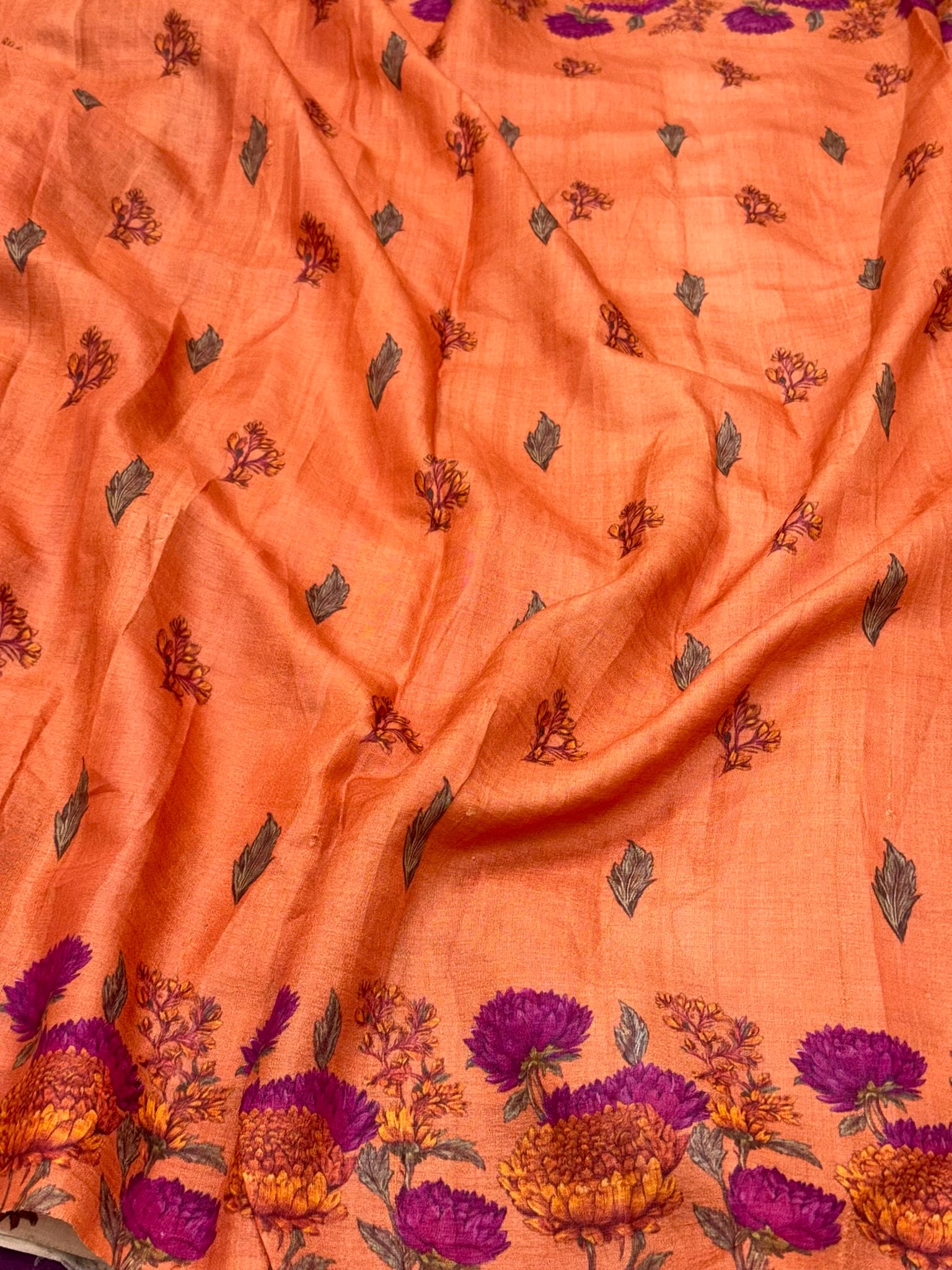 Peach Orange Pure Tussar Silk Handloom Printed with Embroidery Banarasi Saree - Soft Lightweight Banarasi Saree