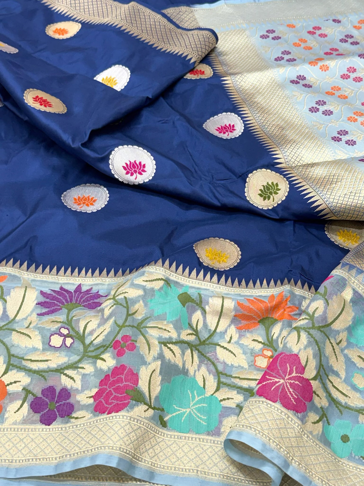 German Blue Pure Mulberry Katan Silk | Kadhwa + Kadhiyal Technique | Handwoven Banarasi Saree