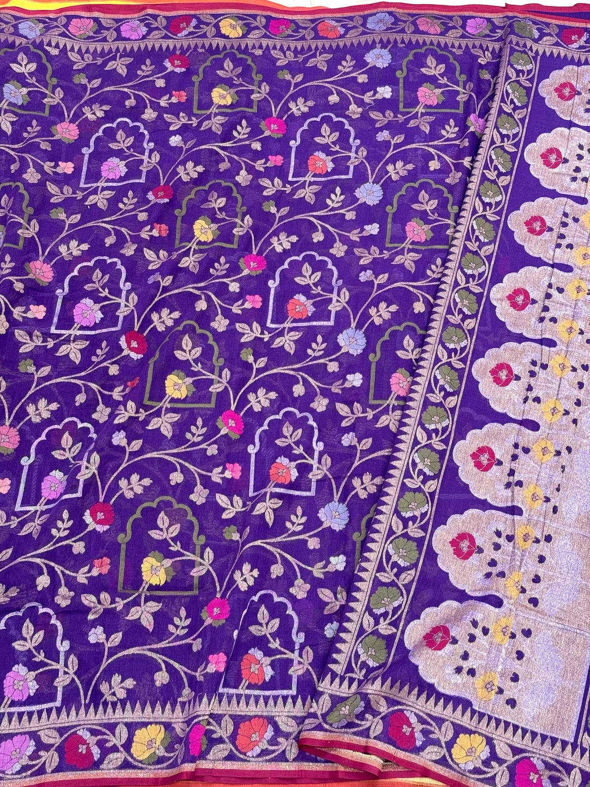 Purple Pure Muslin Cotton Jamdani Banarasi Saree - Ektara Technique Handloom Banarasi Saree