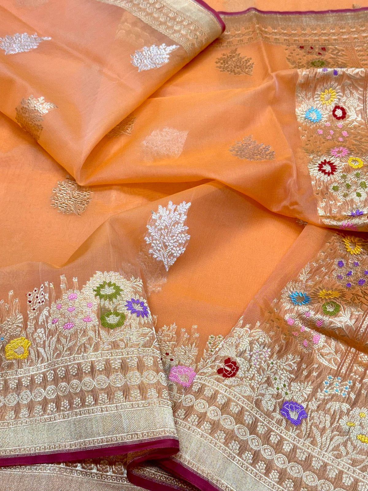 Orange Authentic Banarasi Saree - Pure Kora Mulberry Silk | Kadhwa Technique | Handwoven Timeless Banarasi Saree