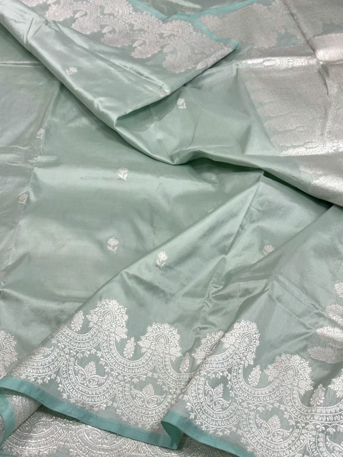 Light Teal Green Pure Katan Silk Kadhua weave Handwoven Banarasi Saree