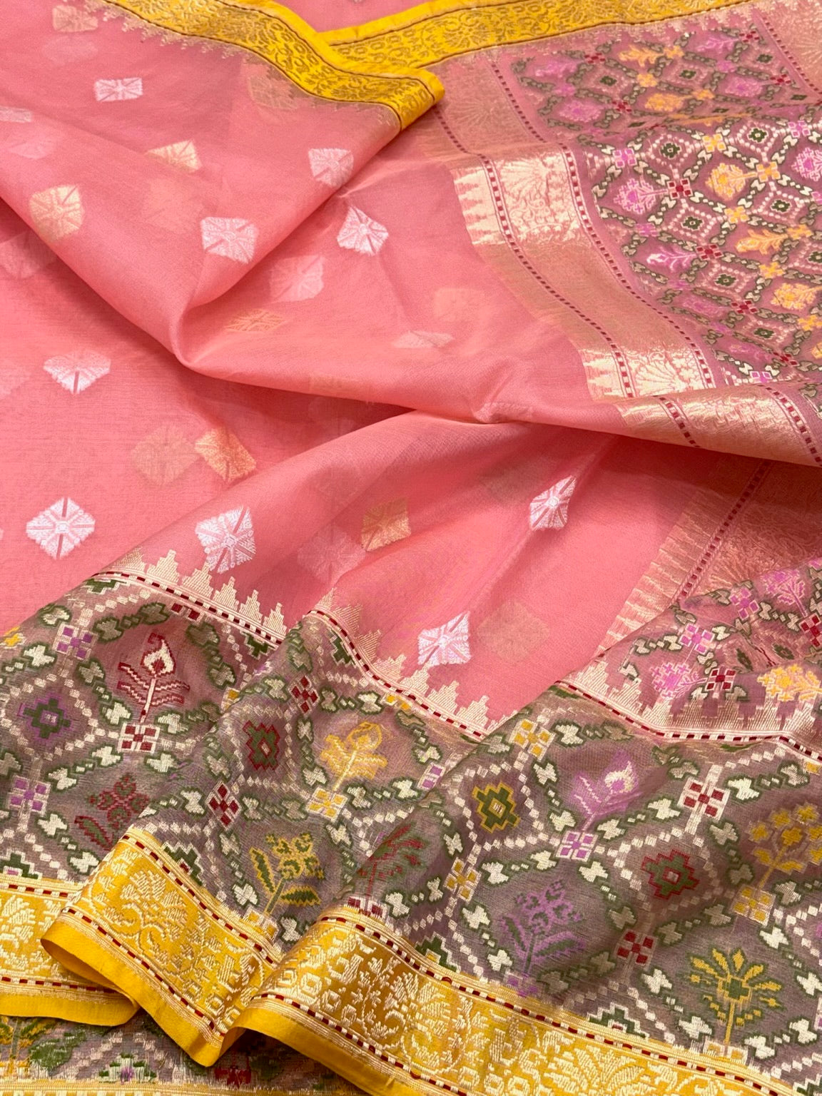 Peach Pink Pure Kora Silk Handwoven Banarasi Saree - Pure Mulberry Silk Patola Border Saree