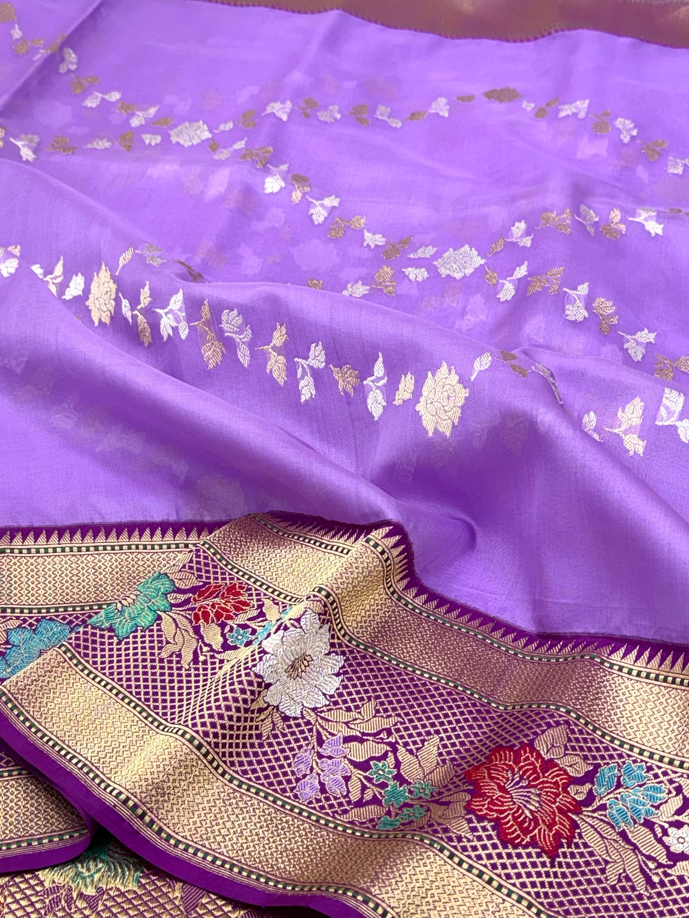Lavender Pure Kora Silk Handwoven Banarasi Saree - Ektara Weave