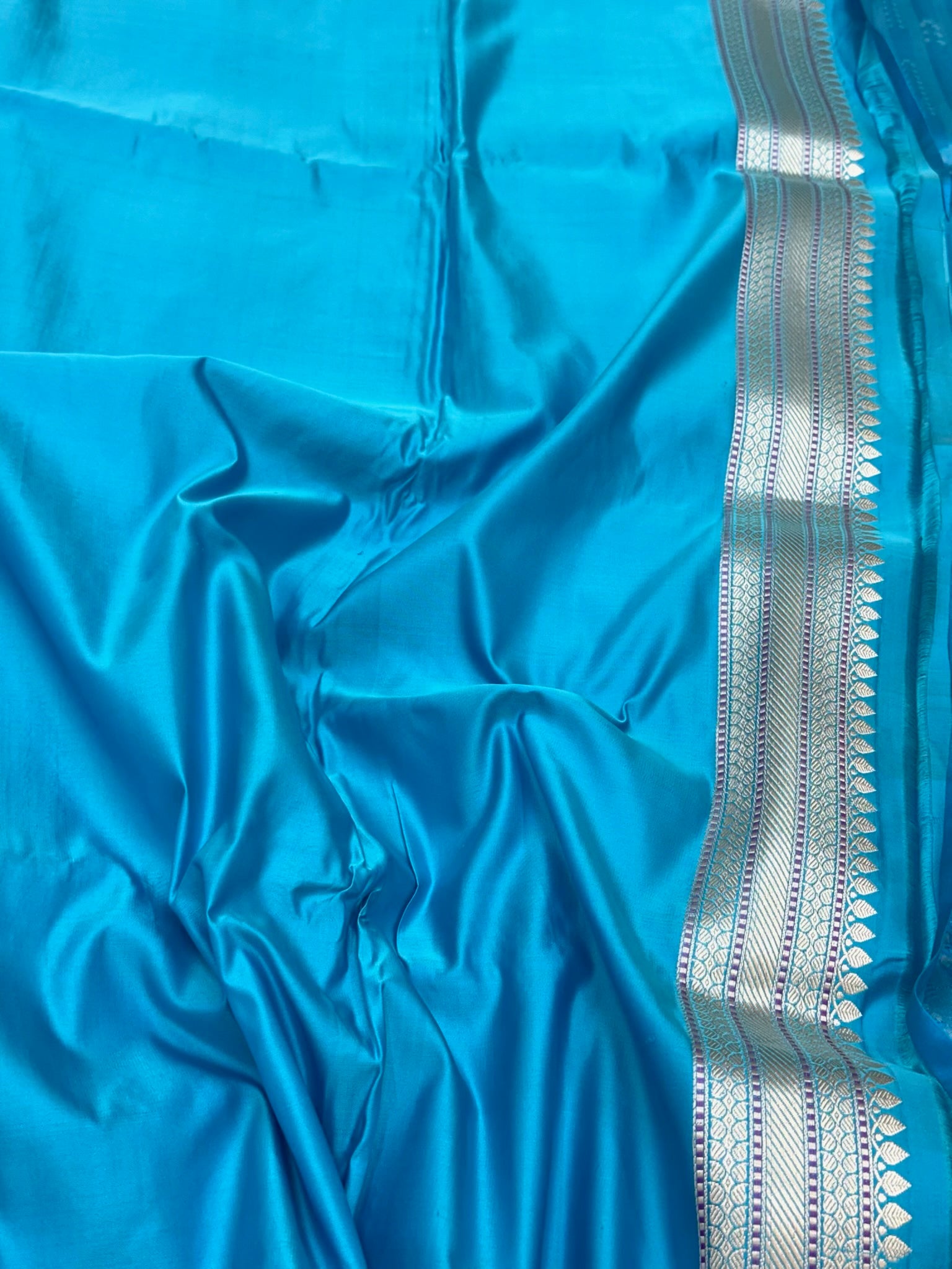 Sky Blue Pure Satin Silk | Kadhwa + Tanchoi Weave | Handwoven Contemporary Banarasi Saree