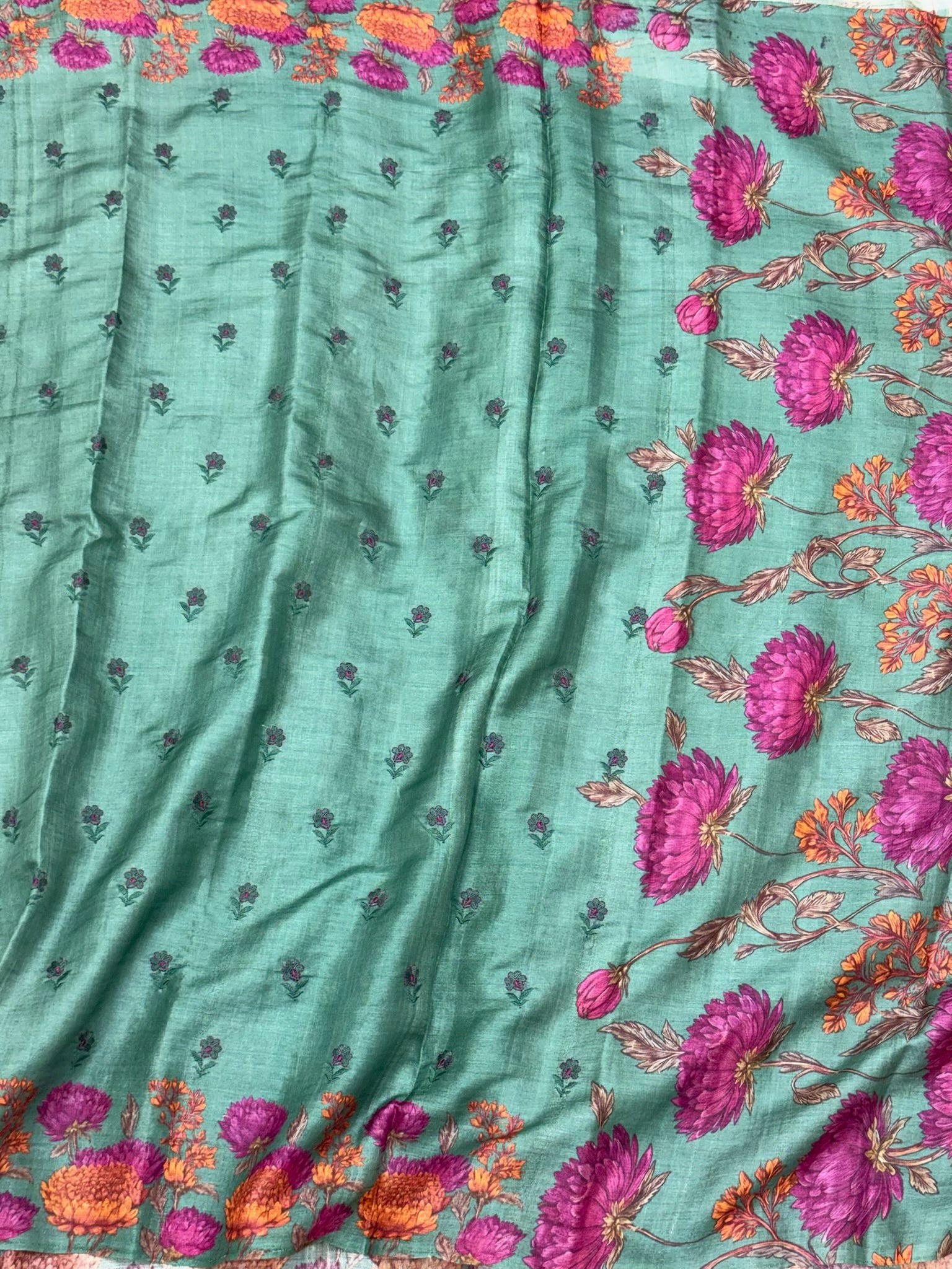 Sea Green Pure Tussar Silk Handloom Printed with Embroidery Banarasi Saree - Soft Lightweight Banarasi Saree