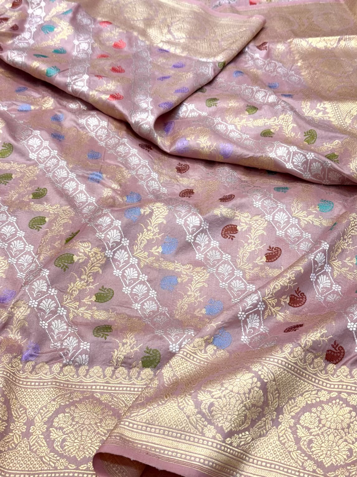 Mauve Pink Pure Katan Silk Saree | Kadhwa Technique | Handwoven Banarasi Saree | 100% Pure Mulberry Silk Saree