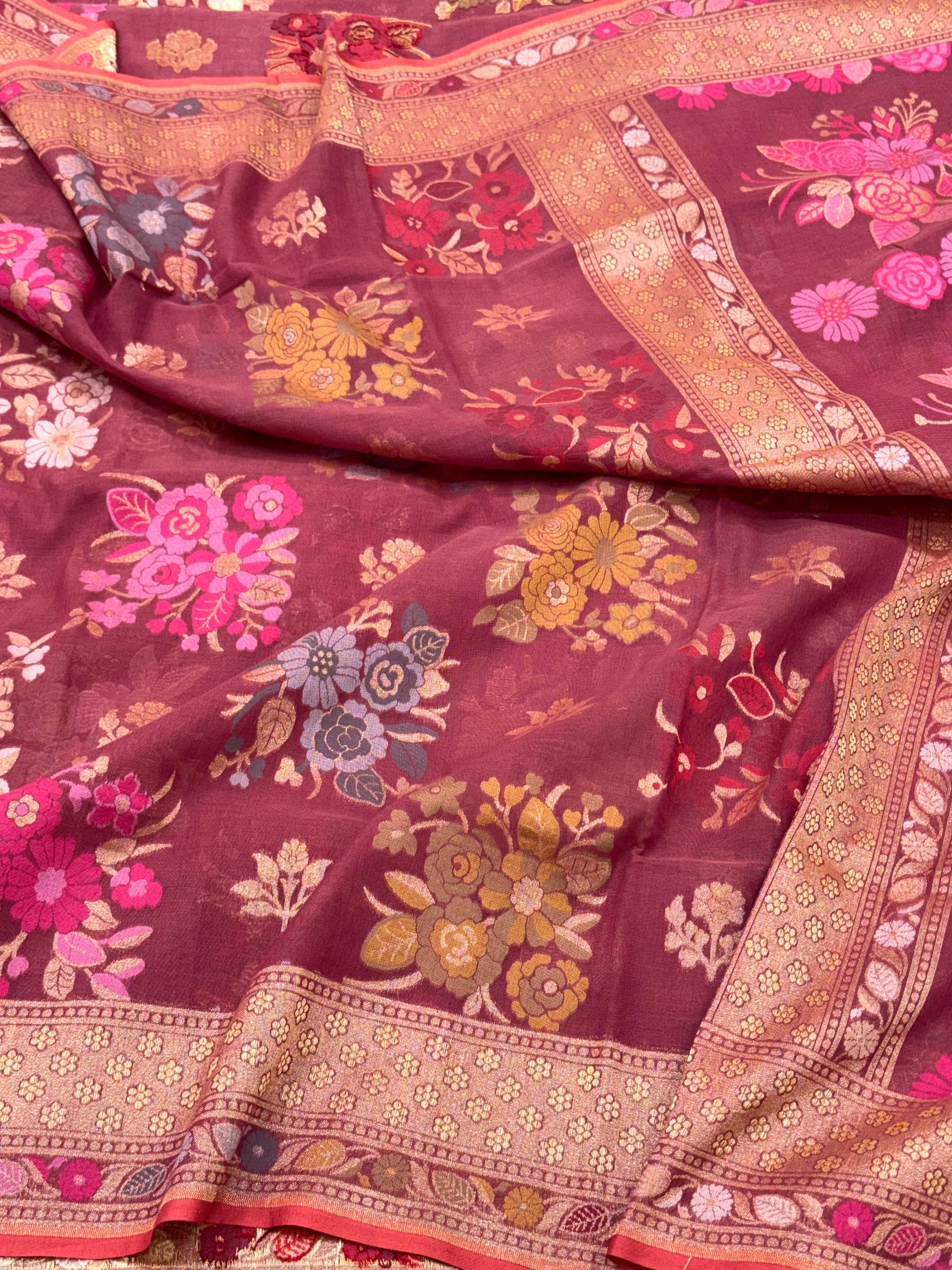 Wine Pure Muslin Cotton Jamdani Handloom Banarasi Saree Lightweight Saree With Ektara Weave