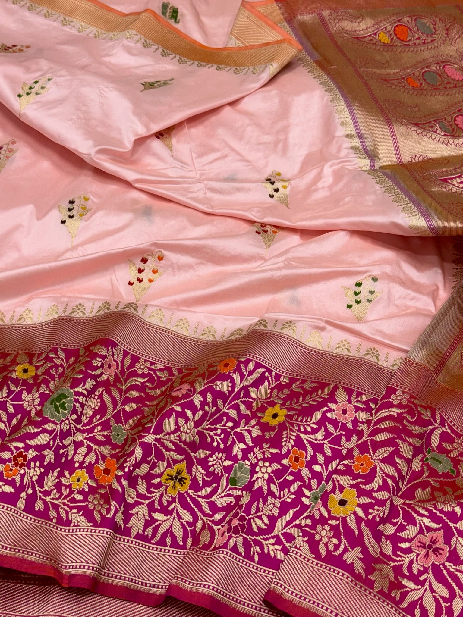 Powder Pink Pure Katan Mulberry Silk Banarasi Saree | Royal Banarasi Handwoven Kadhwa Saree
