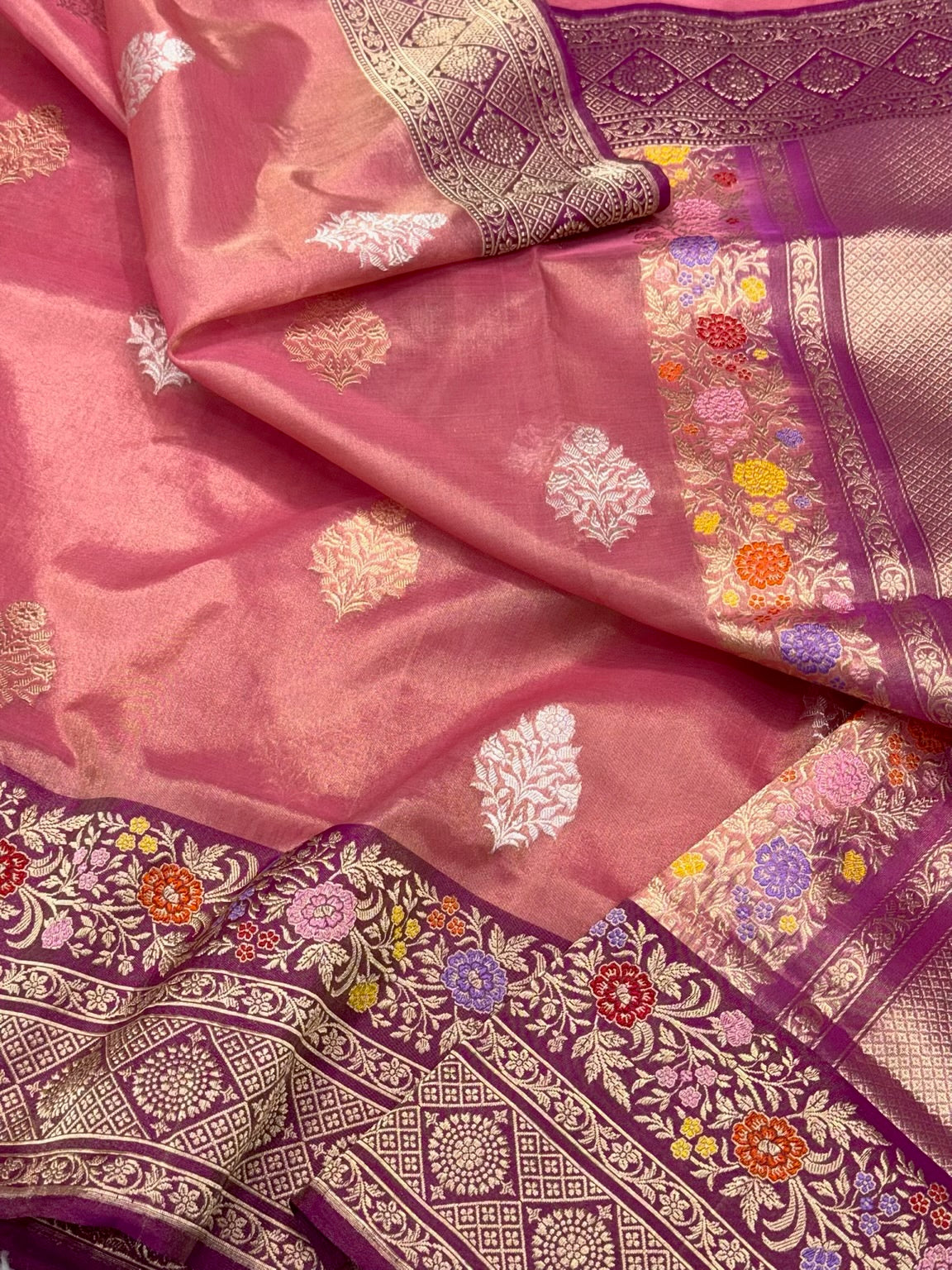 Peach Pink Pure Kora Tissue Silk Handwoven Banarasi Silk Saree | Katan Silk Border & Blouse