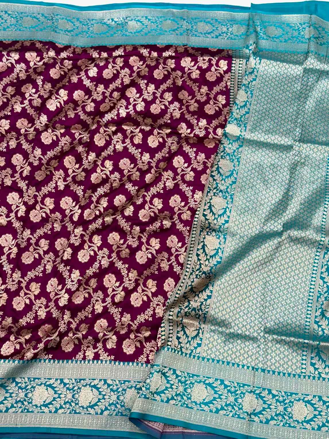 Magenta/Teal Green Pure Katan Silk Saree - Pure Mulberry Silk Saree Handloom Banarasi Saree