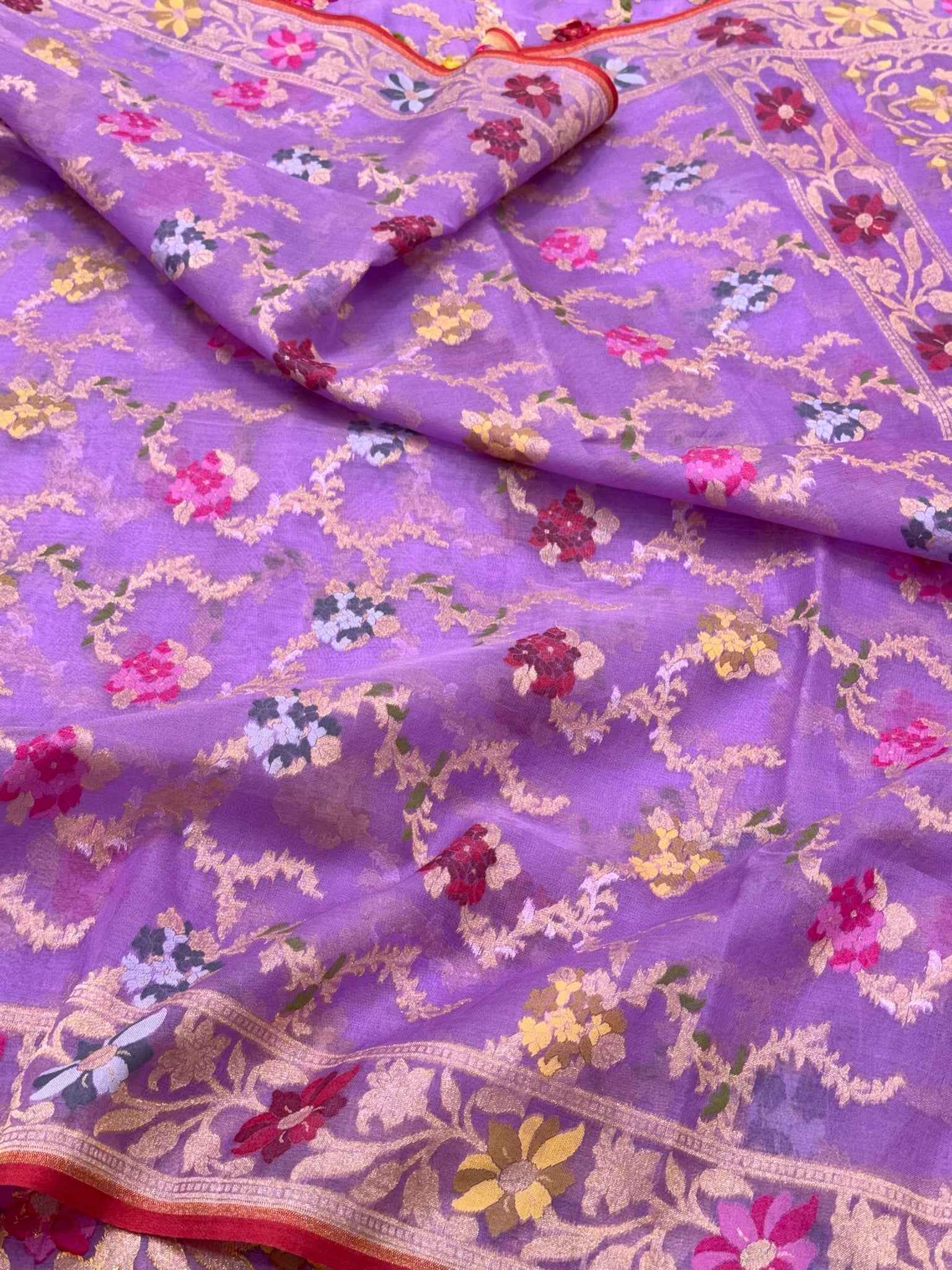 Lavender Pure Mulberry Kora Silk Handloom Jamdani | Ektara Weave | Banarasi Saree