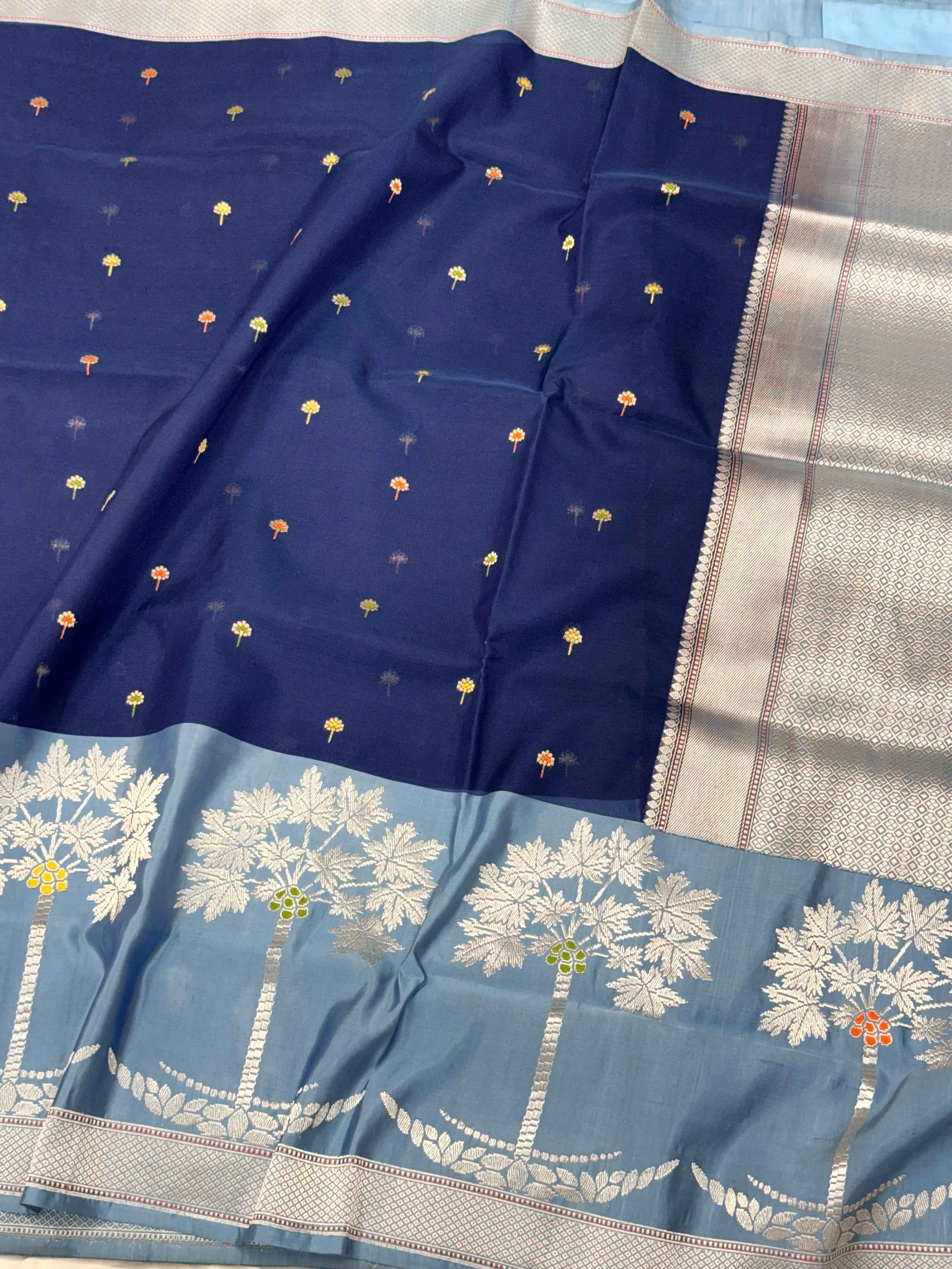 Navy Blue/Blue Gray Pure Kora Silk Contemporary Handwoven Banarasi Saree