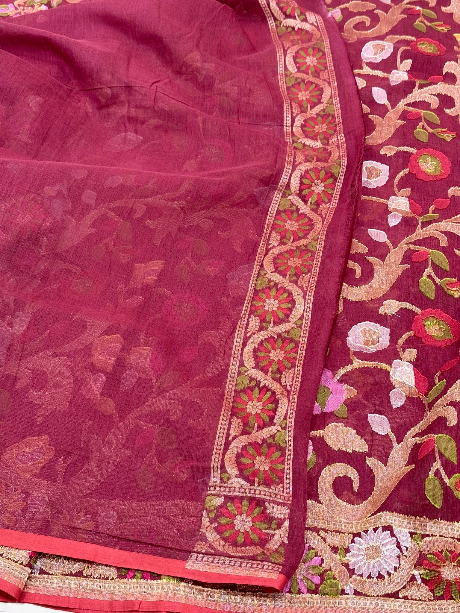 Berry Pure Muslin Cotton Jamdani Ektara Weave Handloom Banarasi Saree