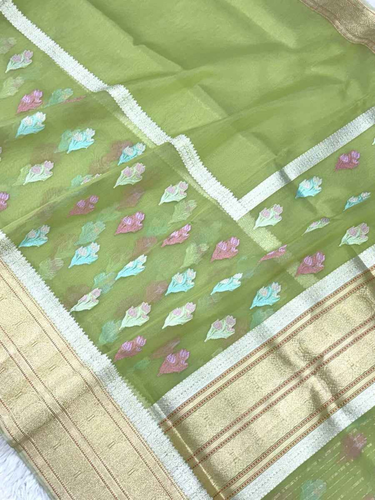 Aqua Green Pure Kora Silk & Pure Katan Silk Handwoven Banarasi Saree