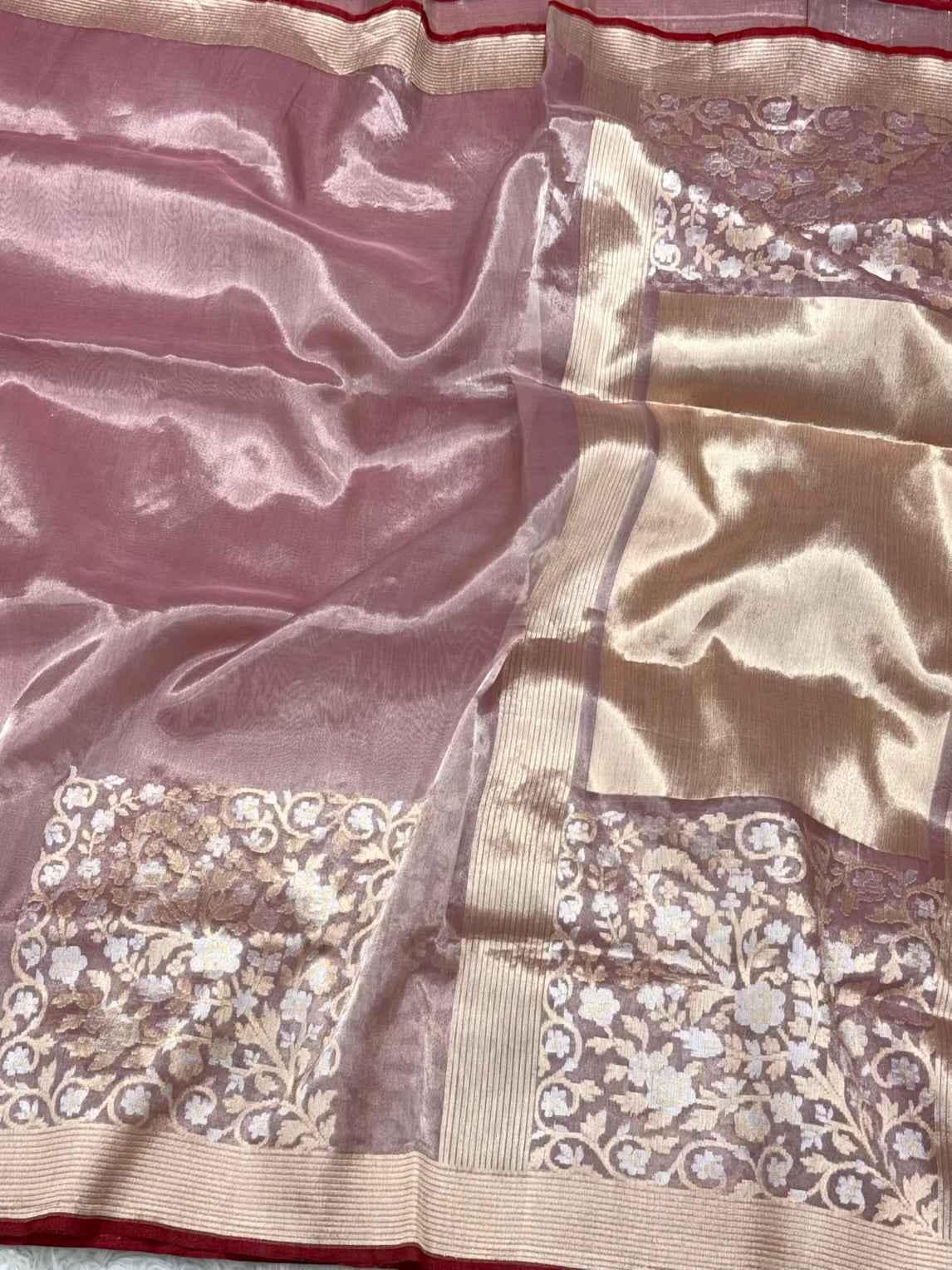 Rose Gold Pink Pure Tissue Silk Saree - 100% Pure Kora Silk | Kadhwa Weave | Handwoven Banarasi Silk Saree - Modern Contemporary Saree