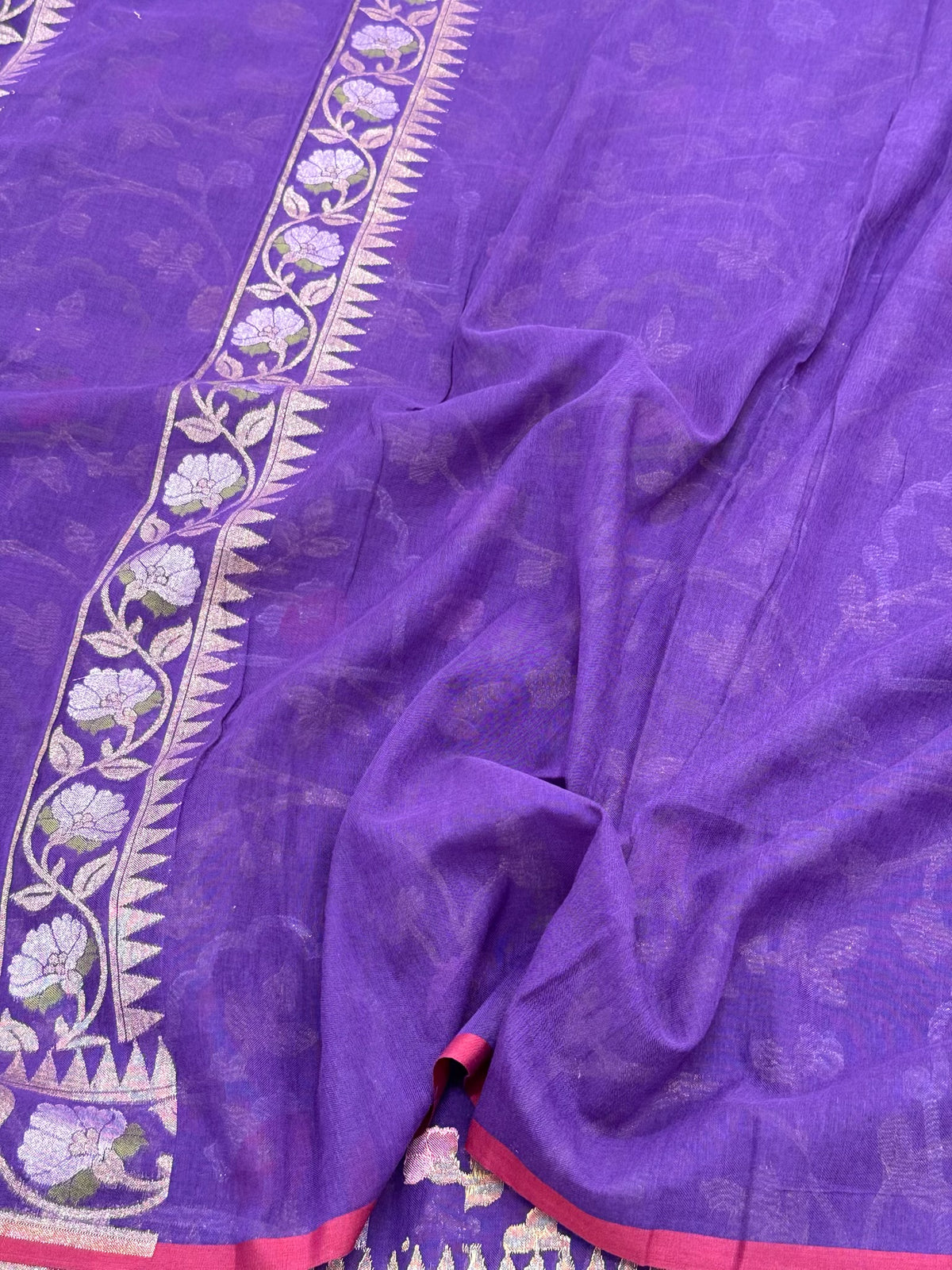 Purple Pure Muslin Cotton Jamdani Banarasi Saree - Ektara Technique Handloom Banarasi Saree