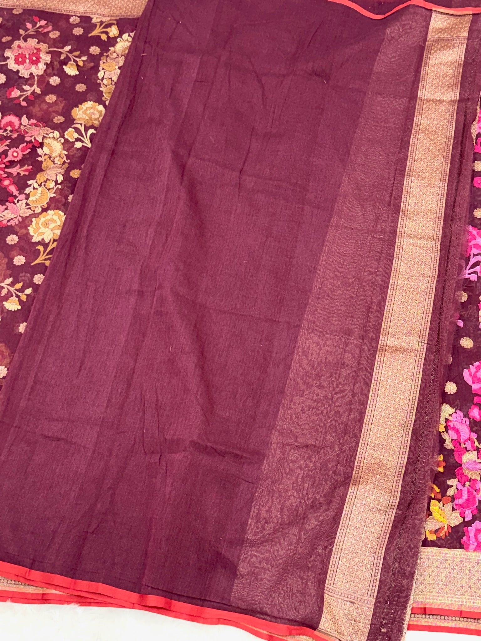 Wine Pure Muslin Cotton Jamdani Ektara Weave Handloom Banarasi Saree