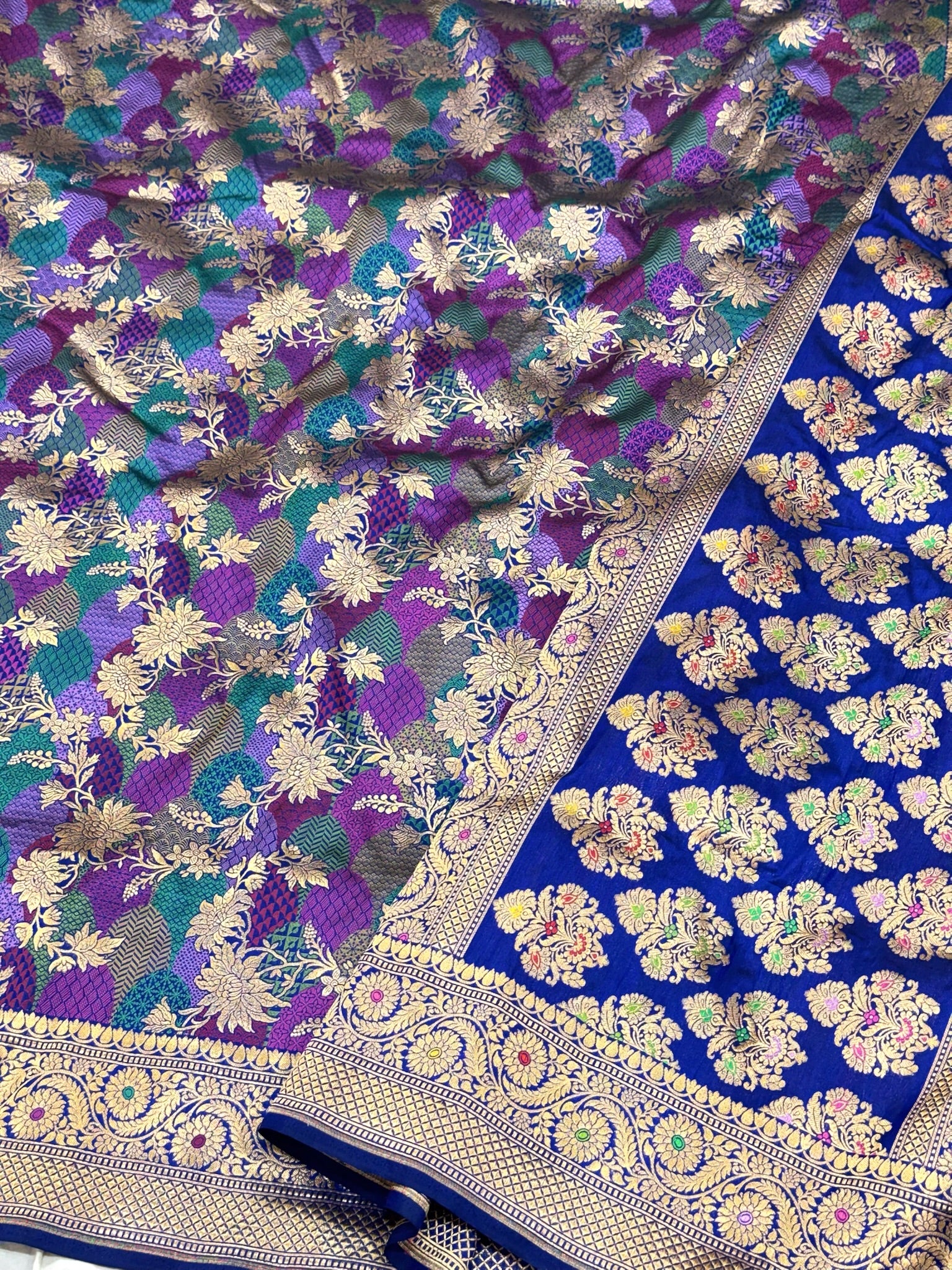 German Blue Pure Mulberry Katan Silk Handloom Banarasi Saree |Rangkaat|