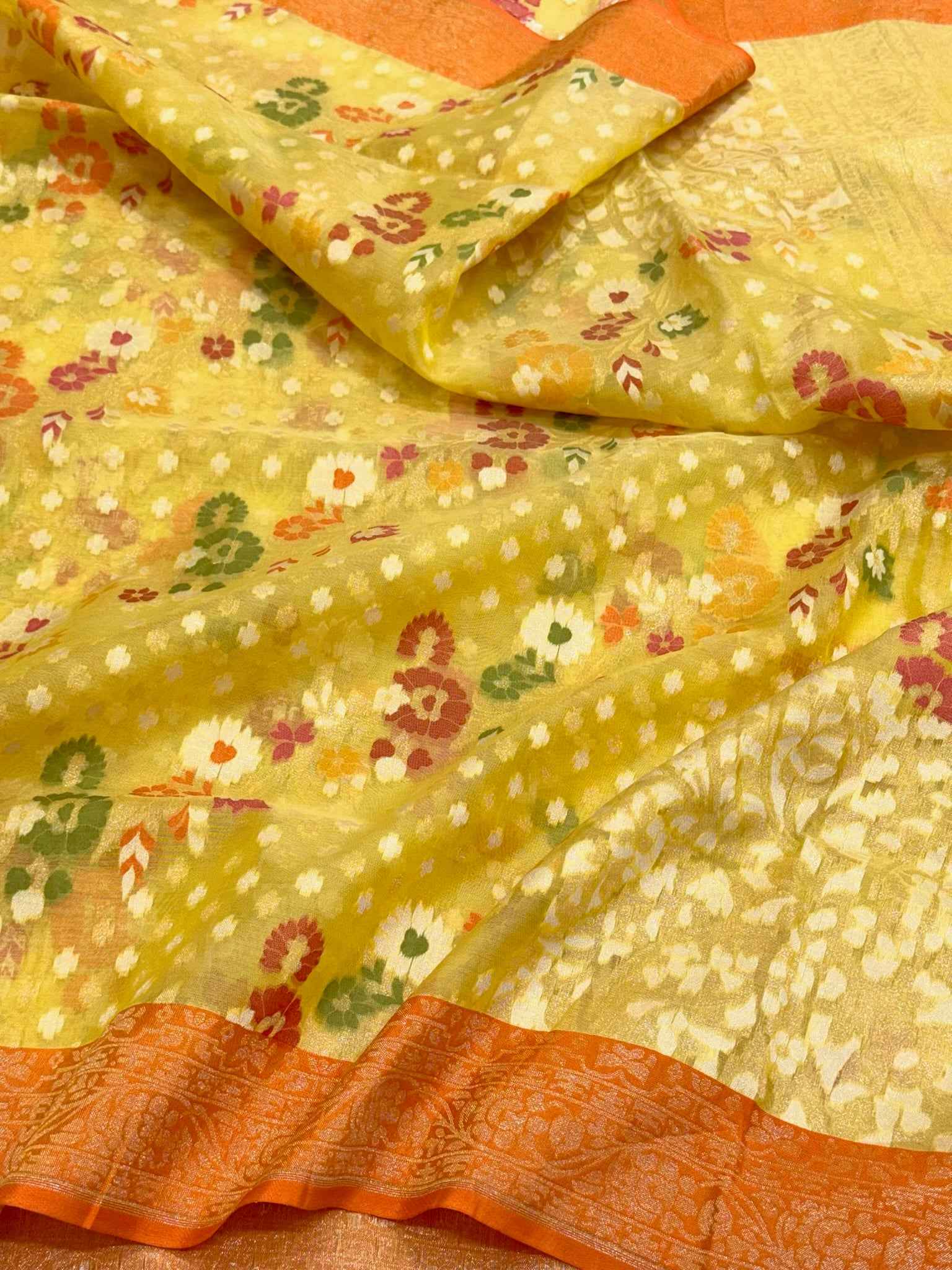 Yellow Pure Mulberry Kora Silk ( Organza ) Handloom Ektara Jamdani Banarasi Saree