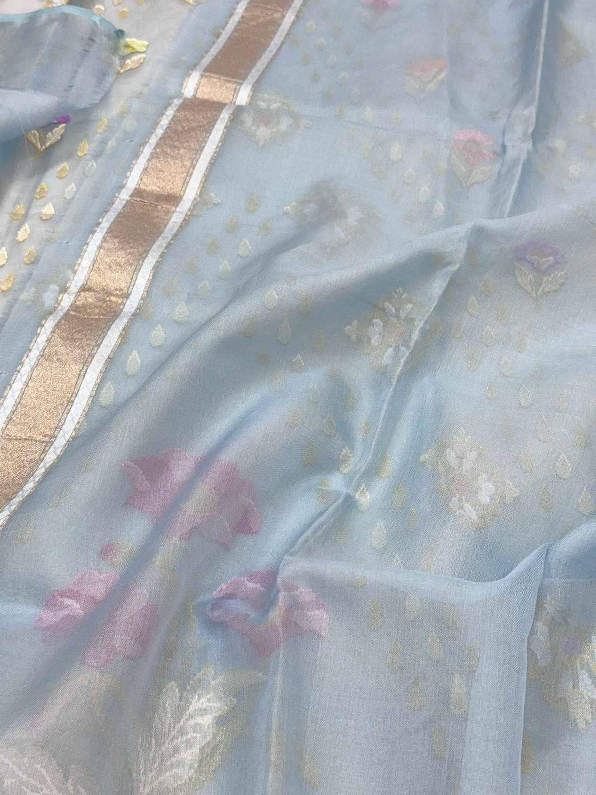Sky Blue Pure Mulberry Kora ( Organza ) Silk Ektara Jamdani Handloom Contemporary Banarasi Lightweight Saree