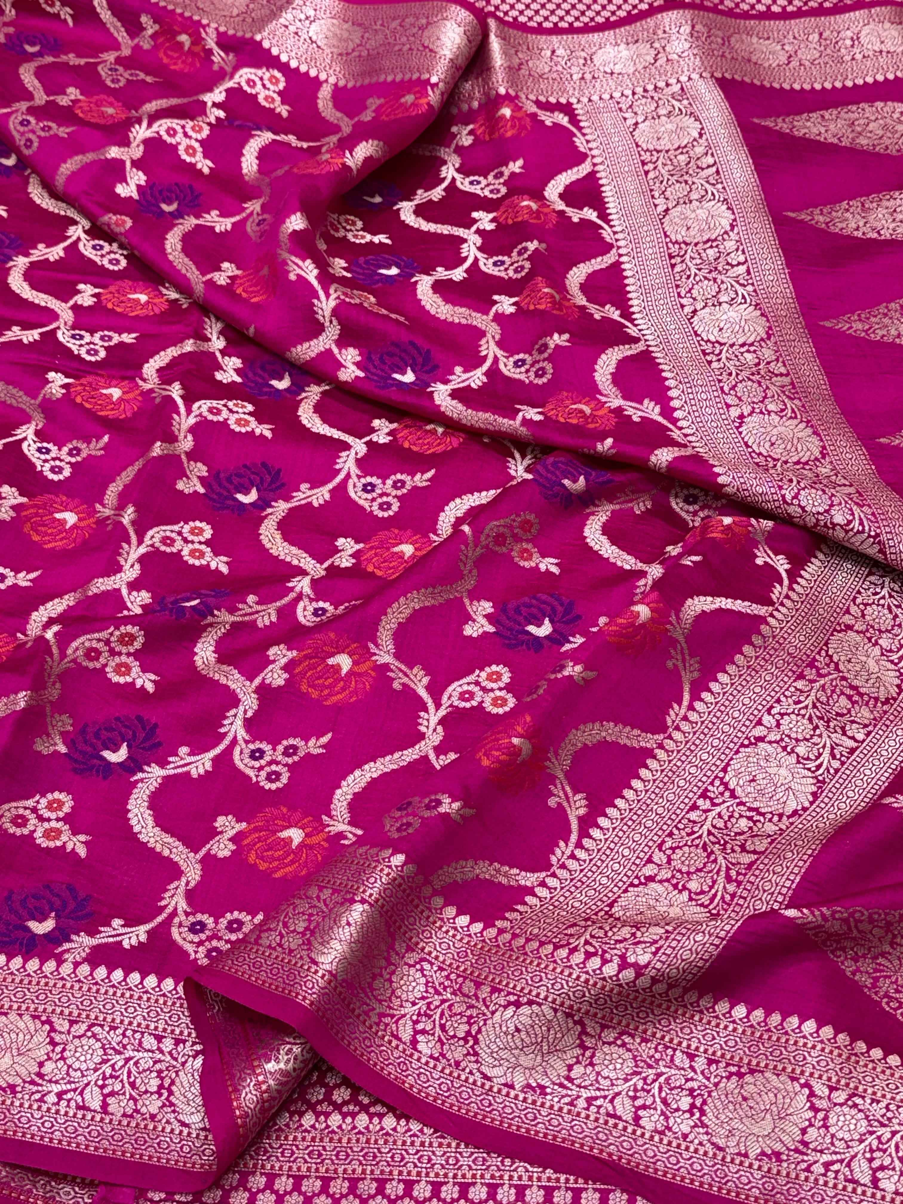Hot Pink Pure Mulberry Chiniya Silk Meenakari Banarasi Saree- Lightweight