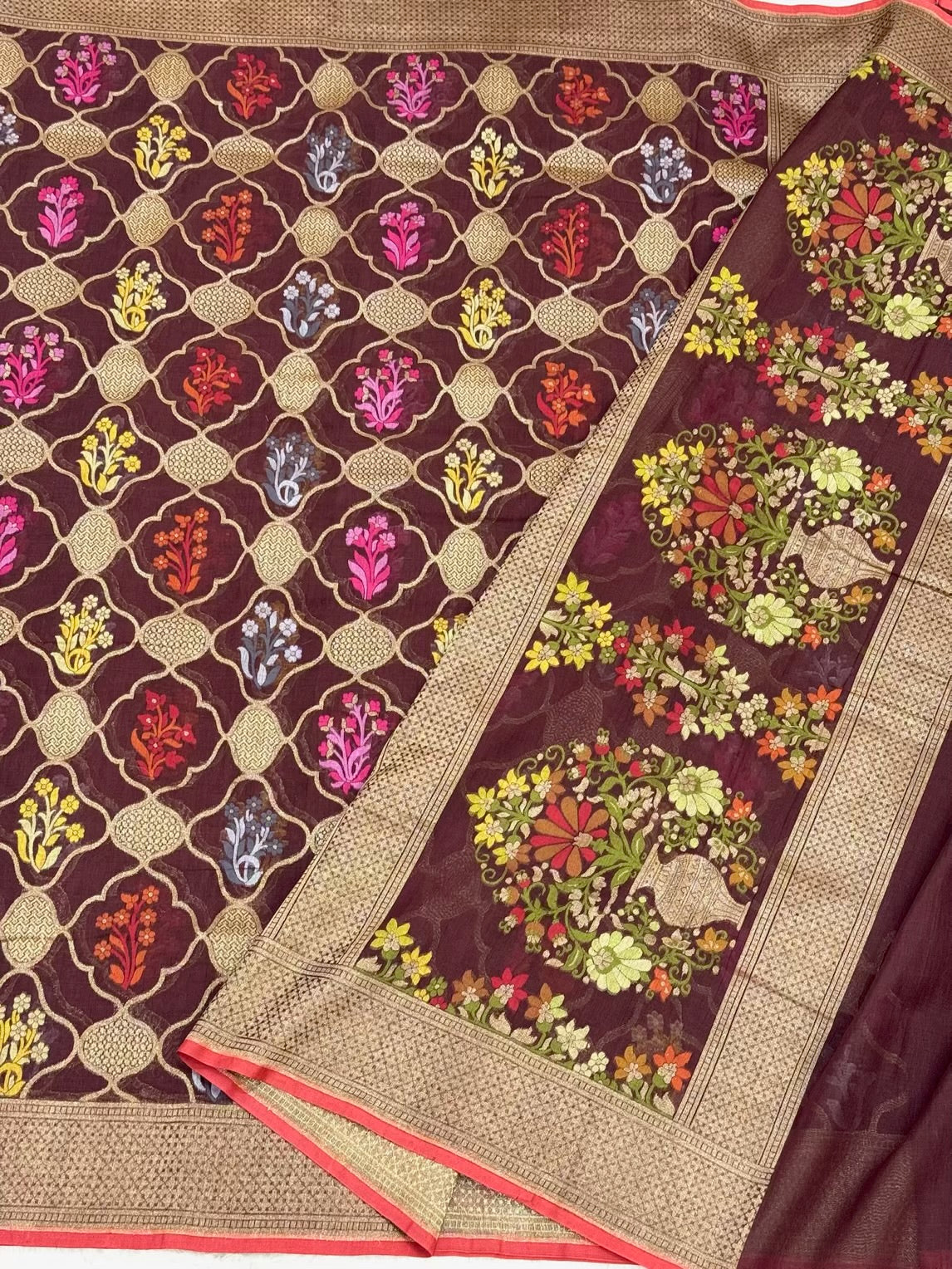 Brown Pure Muslin Cotton Jamdani Handloom Banarasi Saree |Ektara Weave|