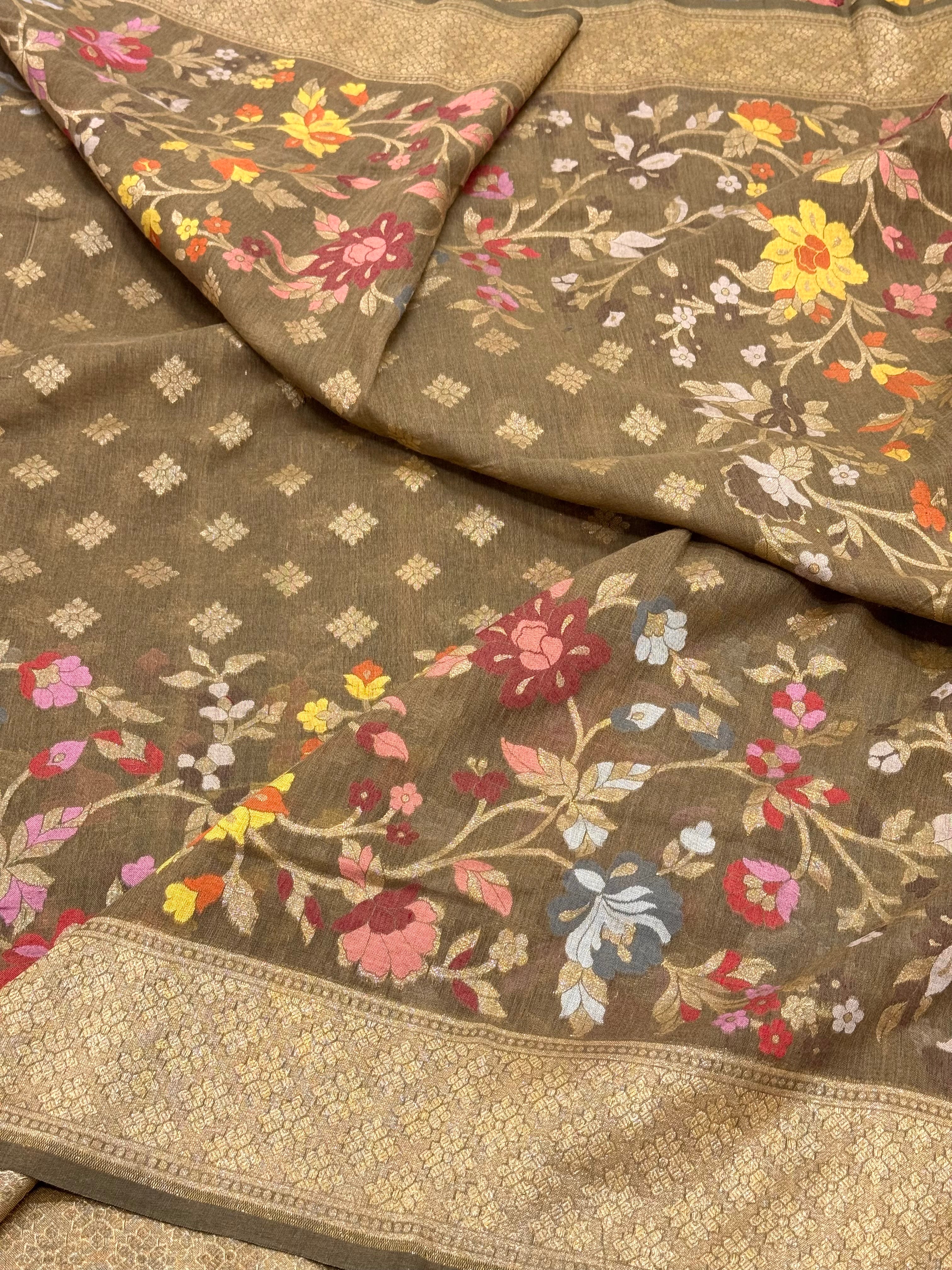 Brown Pure Muslin Cotton Jamdani handloom Banarasi Saree |Ektara Weave|