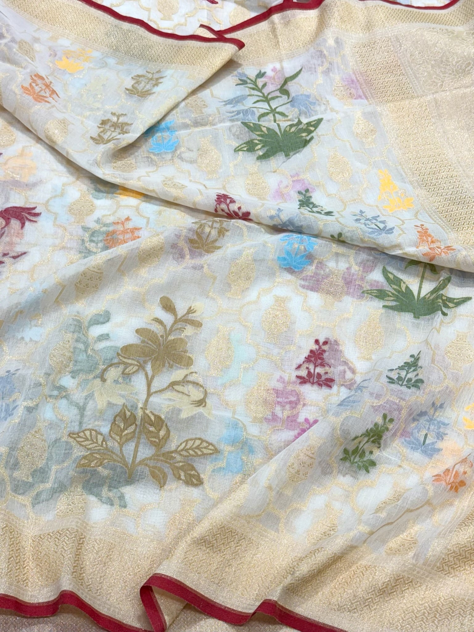 White Pure Muslin Cotton Jamdani | Ektara Weave | Handloom Banarasi Saree