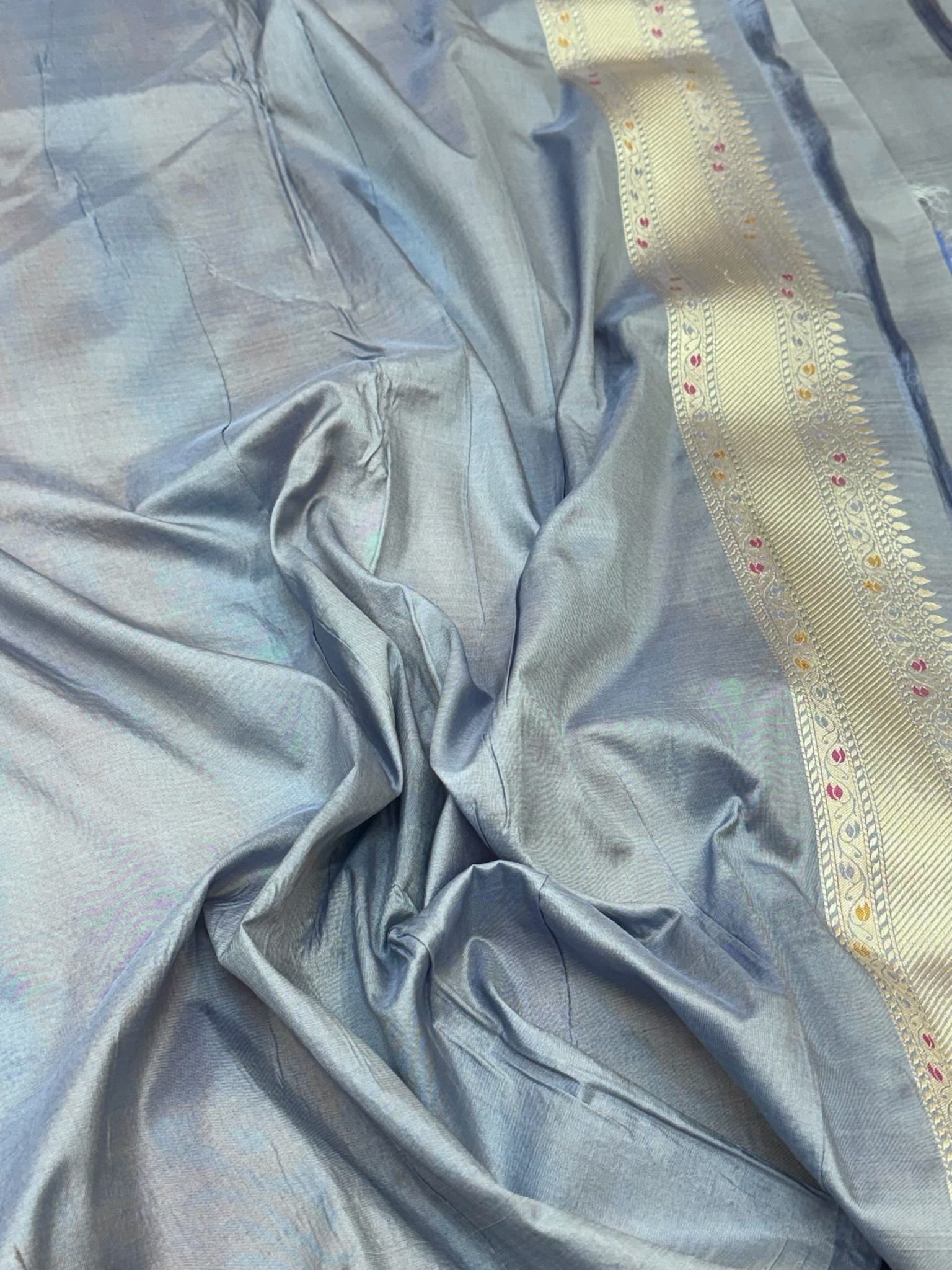 Blue Gray Pure Mulberry Katan Silk Handloom Banarasi Saree - Authentic Banarasi Meenakari Saree