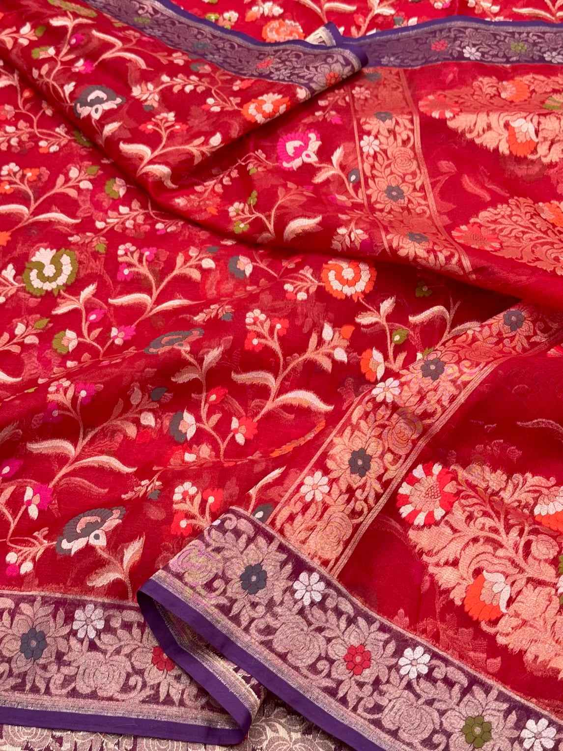 Red Banarasi 100% Pure Kora Silk Saree -Ektara Technique | Pure Handwoven Mulberry Silk Saree