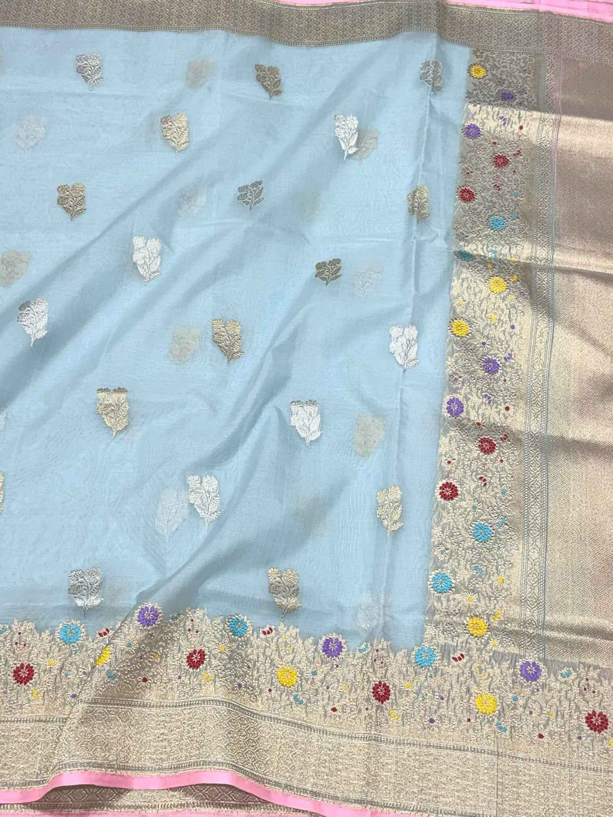 Sky Blue Authentic Banarasi Saree - Pure Kora Mulberry Silk | Kadhwa Technique | Handwoven Timeless Banarasi Saree