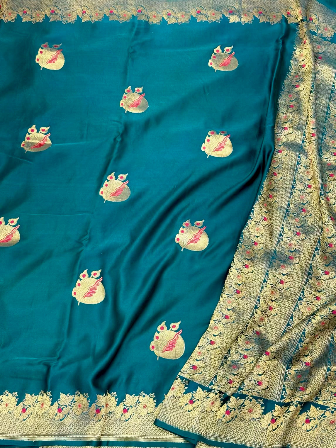 Teal Green Banarasi Saree | Kadhwa Weave | Pure Mushru Satin Silk - Handwoven Banarasi Silk Saree
