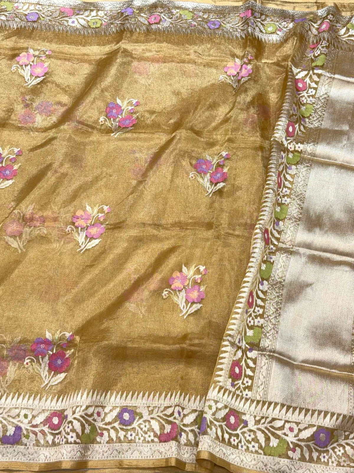 Molten Gold Pure Tissue Silk Jamdani | Kadhwa Ektara Weave | Handwoven Banarasi Saree - Soft Drape Lightweight Saree