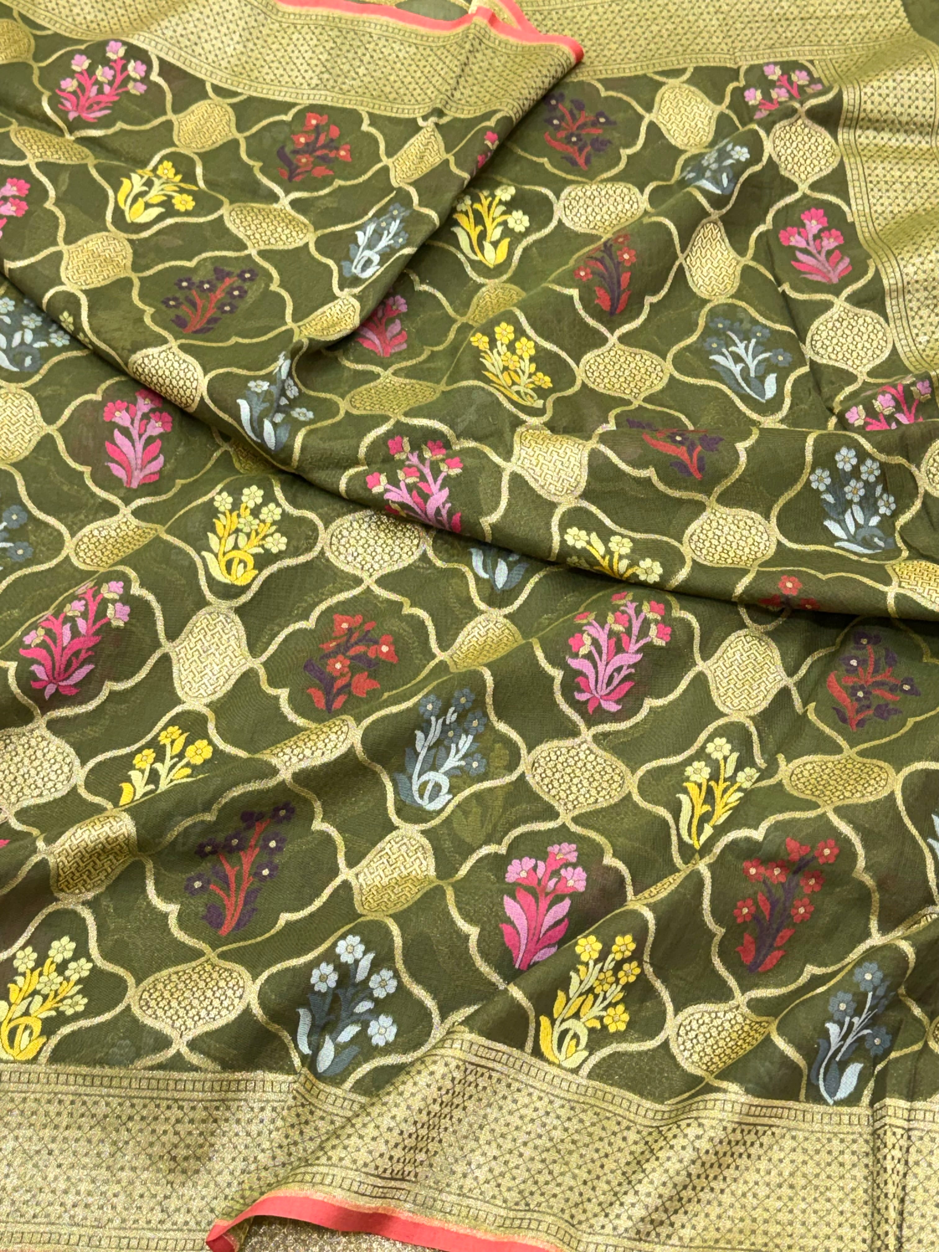 Mehndi Green Pure Muslin Cotton Jamdani Handloom Banarasi Dupatta