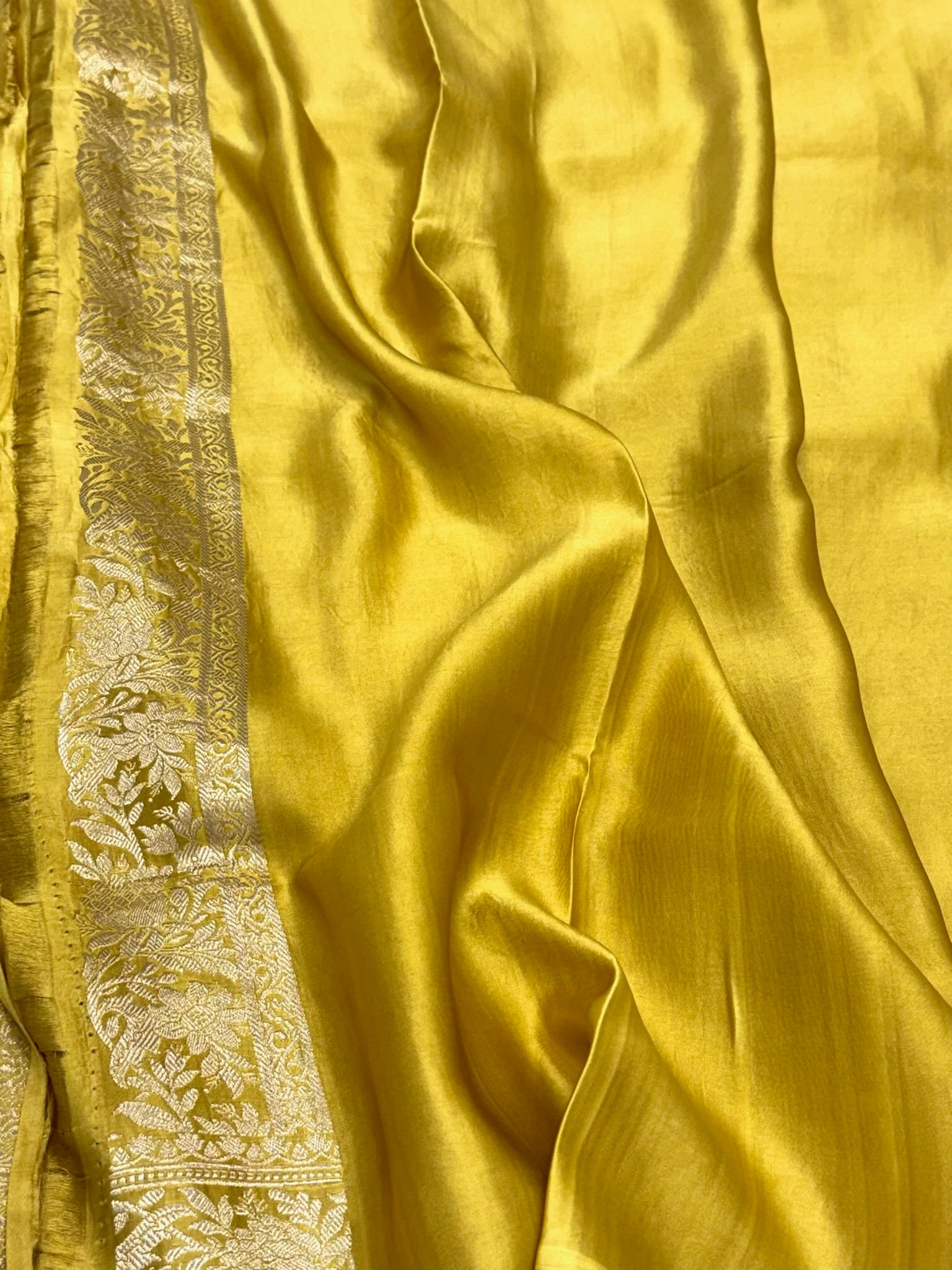 Mustard Yellow Pure Mashru Satin Silk Handwoven Banarasi Saree | Effortless Drape