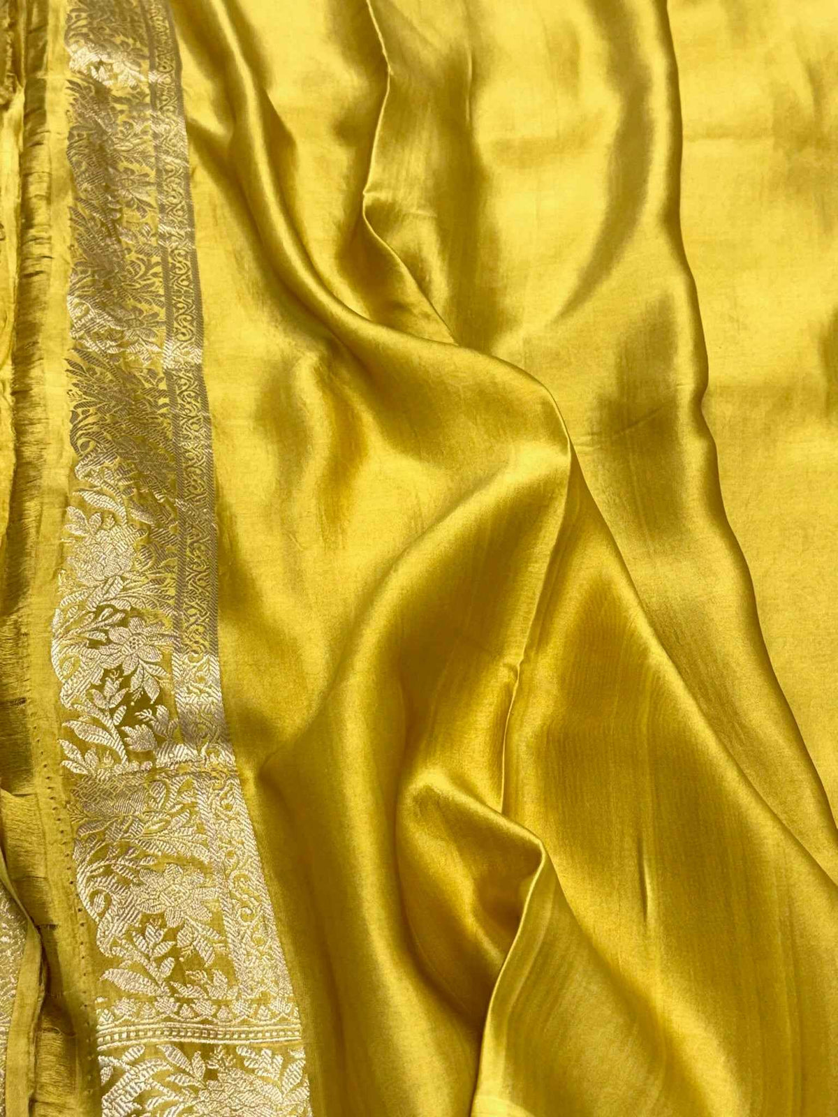 Mustard Yellow Pure Mashru Satin Silk Handwoven Banarasi Saree | Effortless Drape