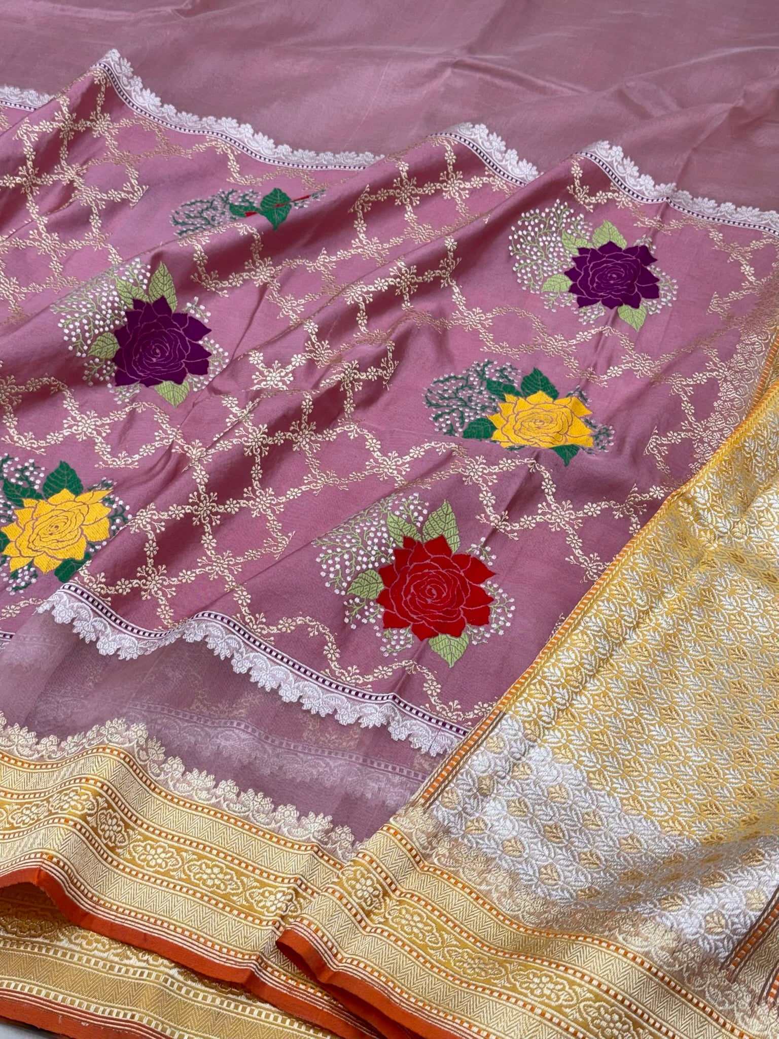 Mauve Pink Pure Kora Mulberry Silk Handwoven Contemporary Banarasi Saree - Kadhwa Technique | The Modern Heirloom
